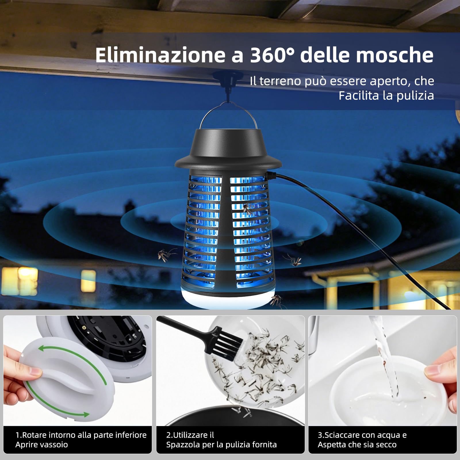 Lampada Antizanzare, Tecnologia a Scarica Elettrica 4250V AntiZanzare con Tenuta IPX4, Protezione con Luce UV 20W e Illuminazione a LED, Azione Repellente Zanzare per Interni/Esterni