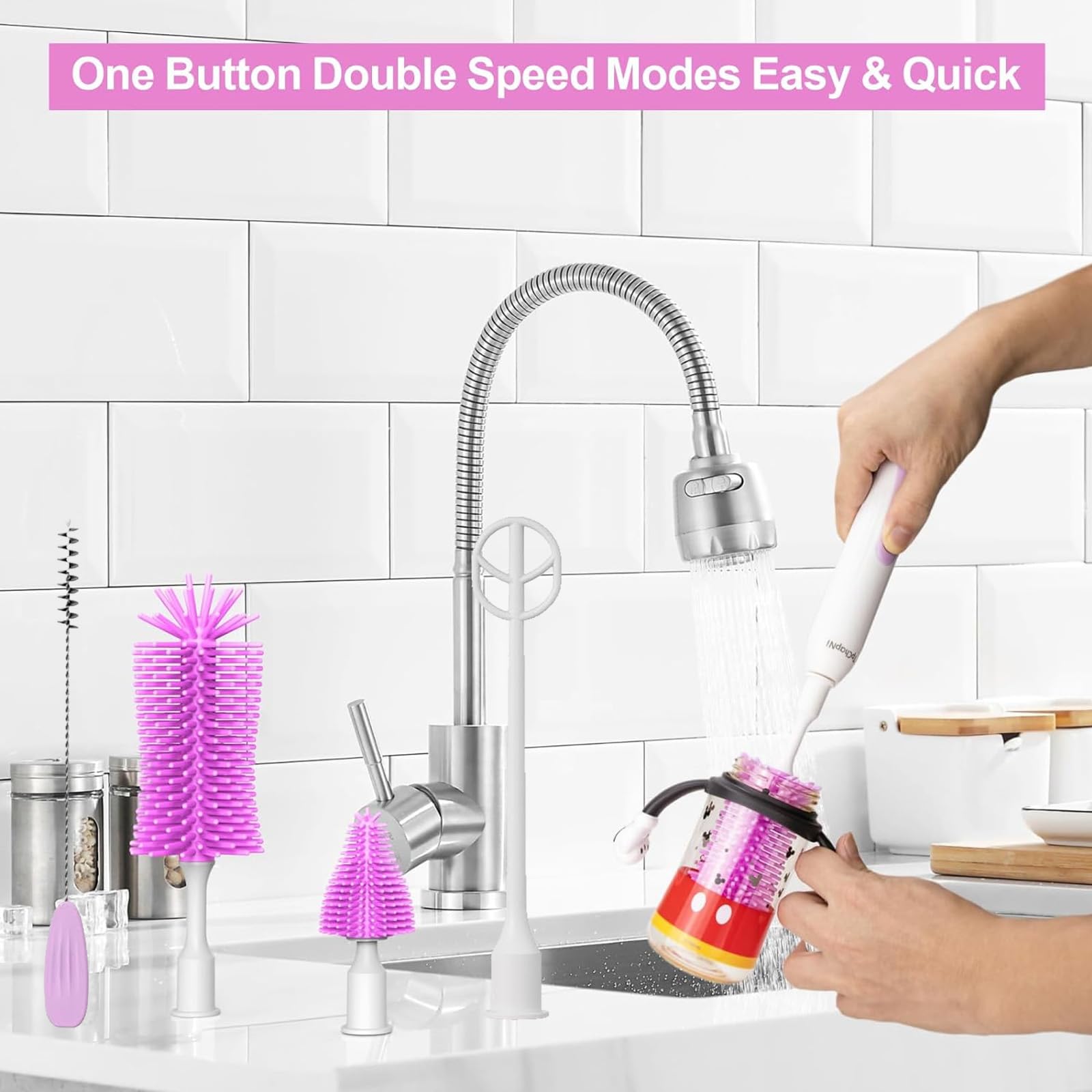 Bestidy Kit Elettrico Per Pulizia Biberon Da Viaggio, Spazzola Rotante 360° Ricaricabile, Con Testine Per Tettarelle E Cannucce, 2 Velocità, Custodia E Flacone 50ml, Verde