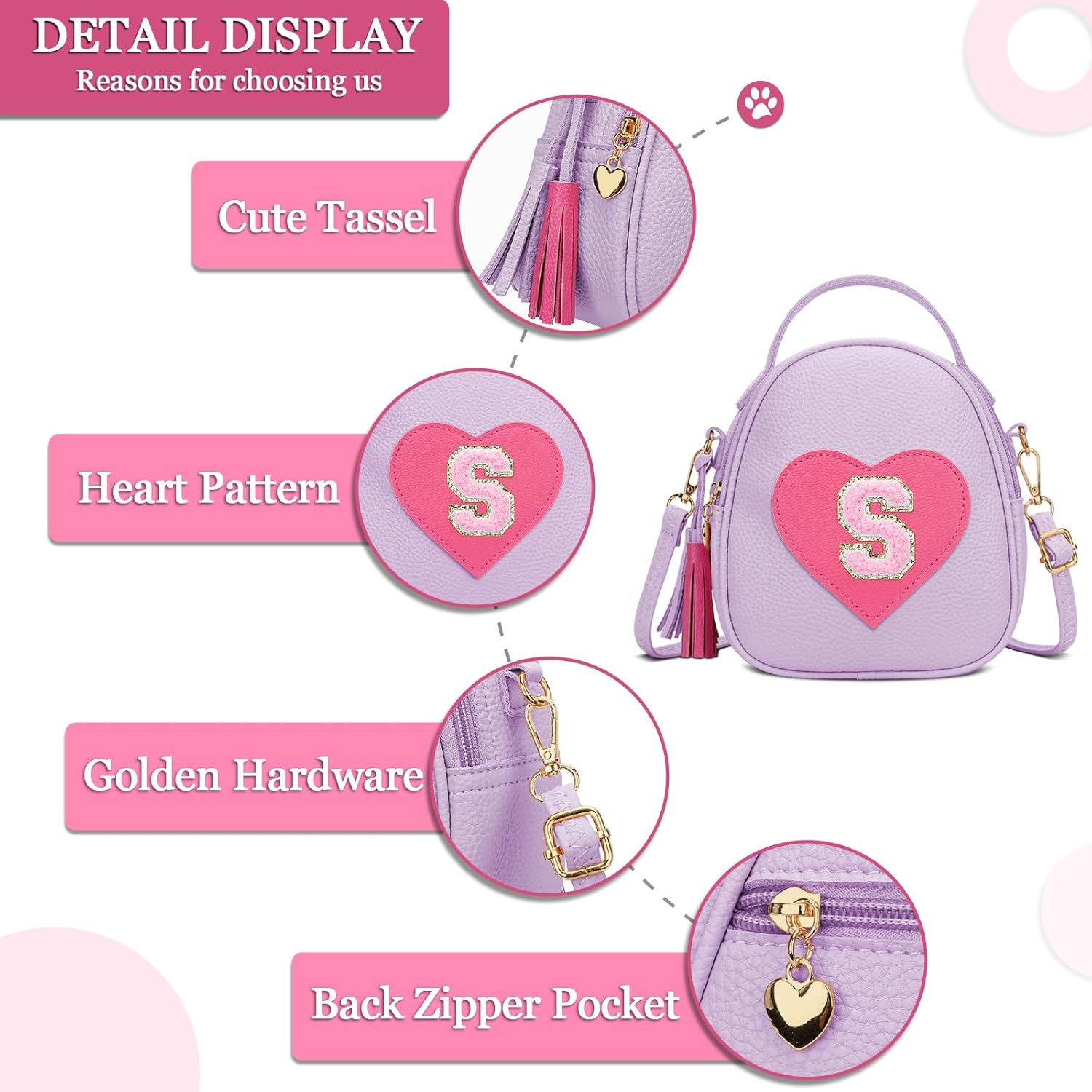 KKXIU Purse Gifts for Girls Cute Little Girl Crossbody Bag Heart Kids Small Backpack with Tassel (Purple-S) - Image 5