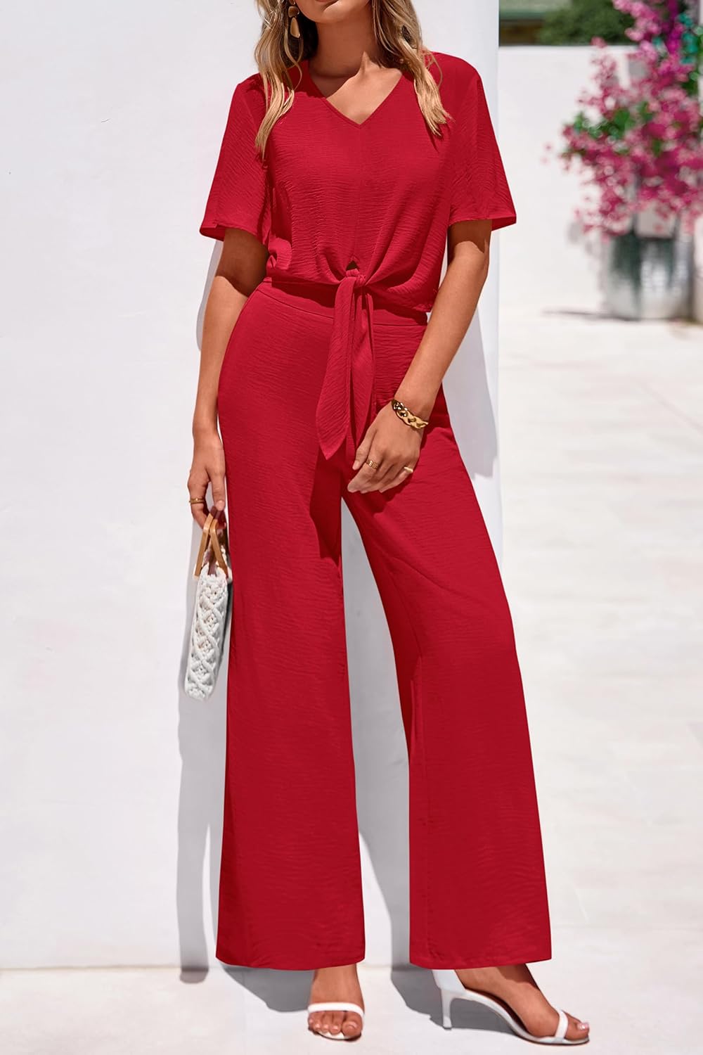 PRETTYGARDEN Women 2 Piece Summer Outfits Short Sleeve Strappy Top Wide Leg Pants Tracksuit Lounge Sets Beach Clothes - Image 8