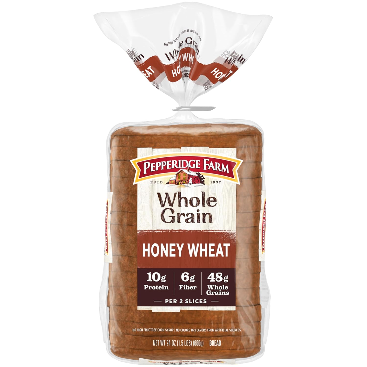 Pepperidge Farm Whole Grain Honey Wheat Bread, 24 oz Loaf - 10g Protein, 6g Fiber, 48g Whole Grains Per 2 Slices