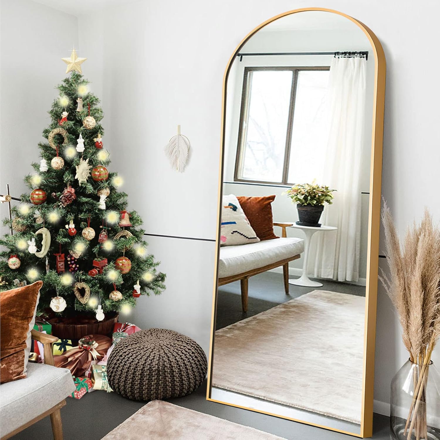 NeuType Arched Full Length Mirror Standing Hanging or Leaning Against Wall, Oversized Large Bedroom Mirror Floor Mirror Dressing Mirror, Aluminum Alloy Thin Frame, Gold, 71"x28"
