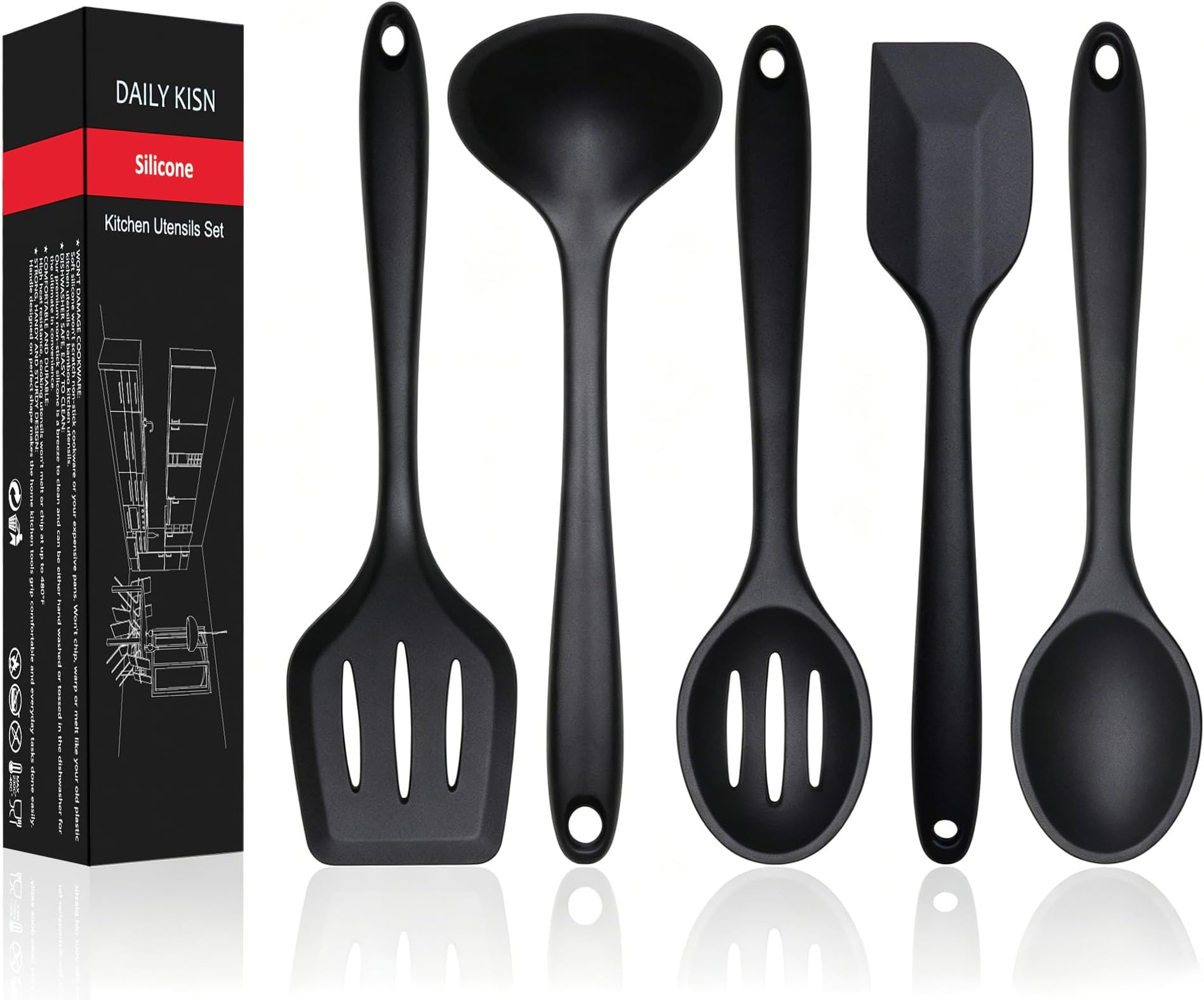 Silicone Kitchen Utensils Set, 5 PCS Heat Resistant Non Stick Cooking Tools, Silicone Spatula/Turner/Serving Spoon/Soup Ladle/Slotted Spoon, for Home and Camping