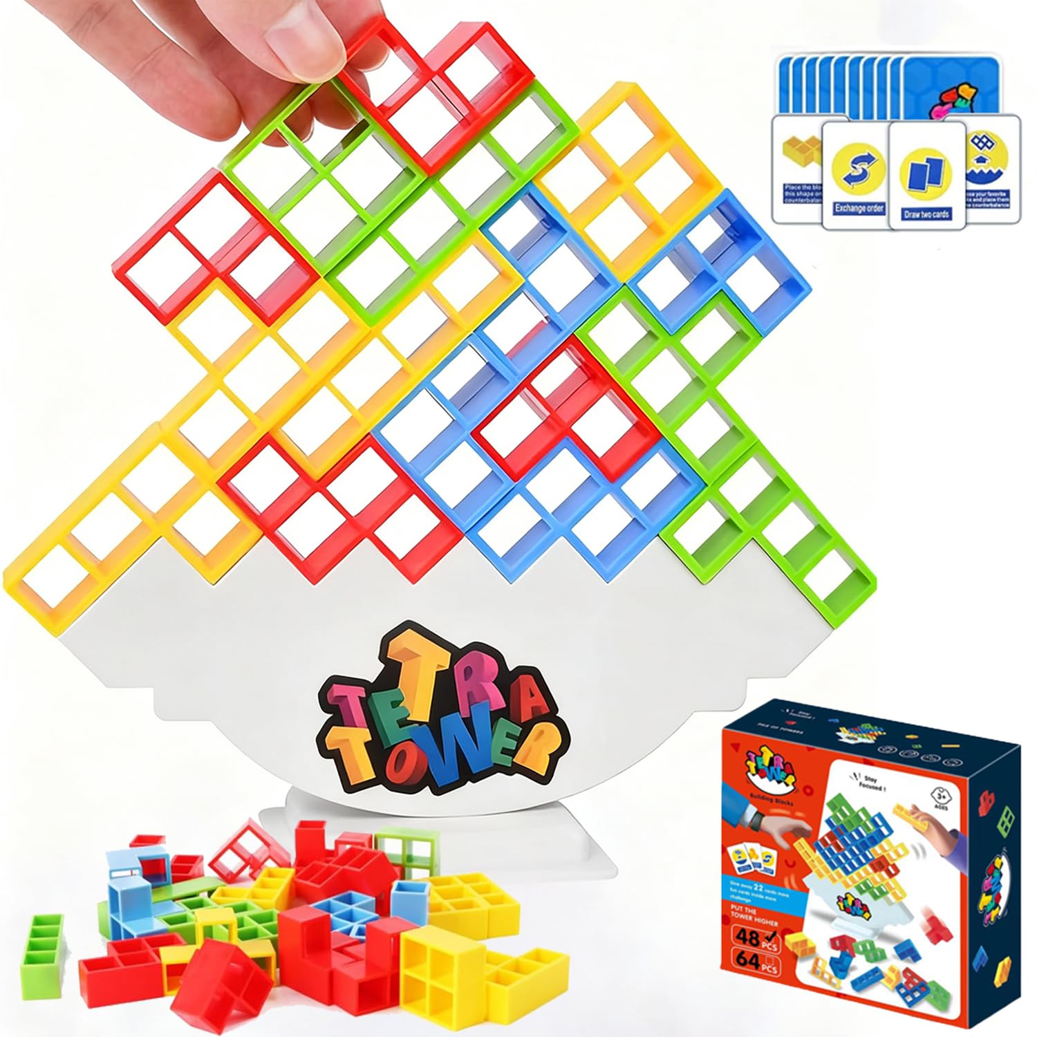 Juego De Torre Tetra De 48 Bloques + Cartas | Apilamiento De Equilibrio Para Niños Y Adultos (2 Modos)