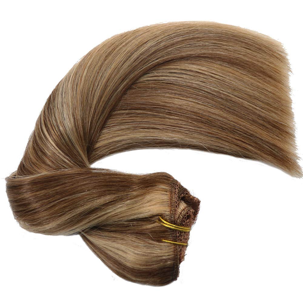 Human Hair Lace Clip In Hair Extensions Thick Ends Highlights Piano Color Chocolate Brown/Strawberry Blonde 14inch 100g Remy Hair Extensions