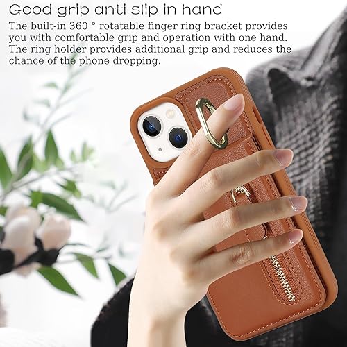 Miniatura 4 de Funda para iPhone 13 Mini con tarjetero para mujer, iPhone 13 Mini Funda para teléfono con tarjeta de crédito con anillo de soporte, cremallera a