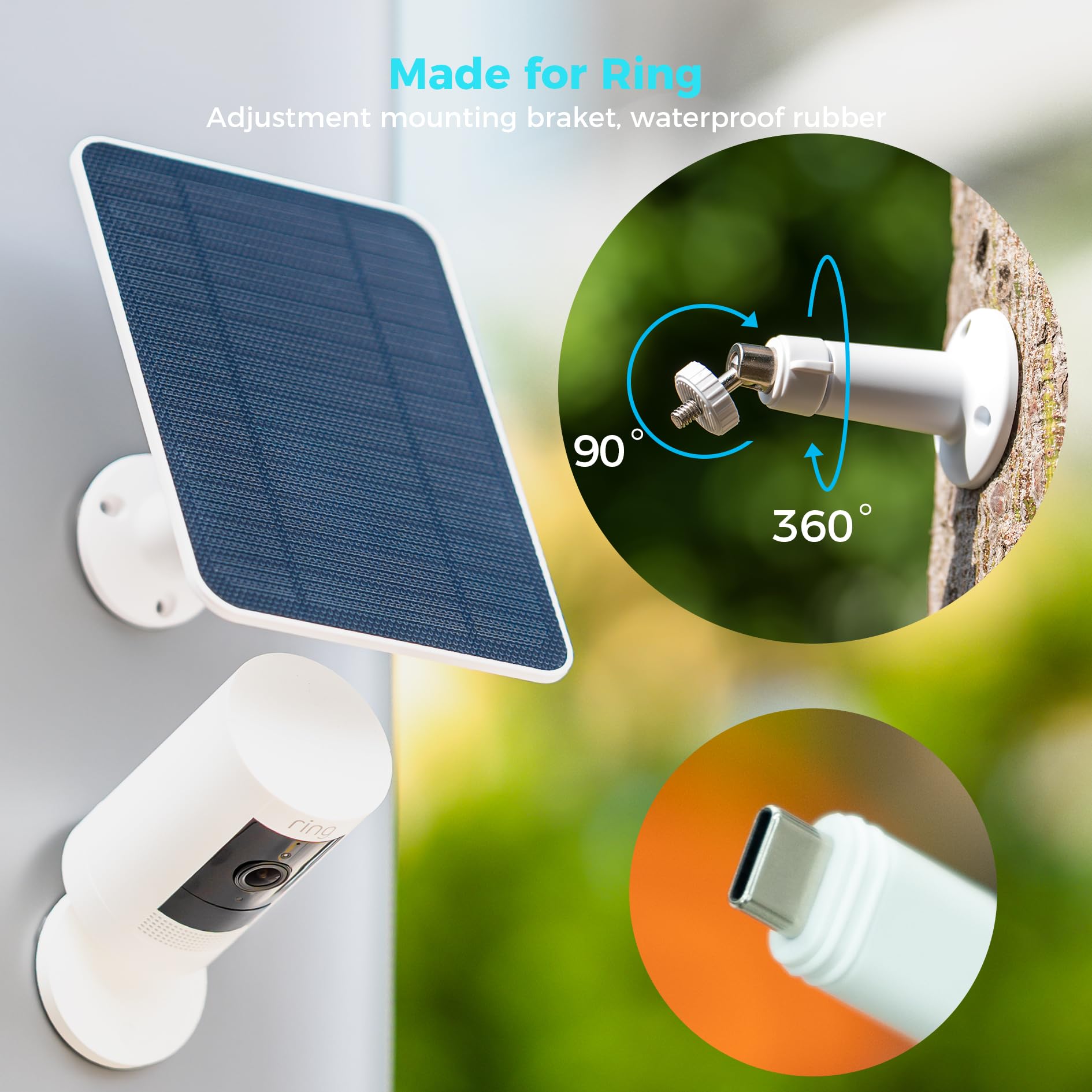 Vicohome - Panel solar de 5 W 5 V para cámaras de seguridad, tasa de conversión de energía del 23 %, cable de 9.8 pies, compatible con interfaz tipo C y micro USB, resistente a la intemperie, soporte