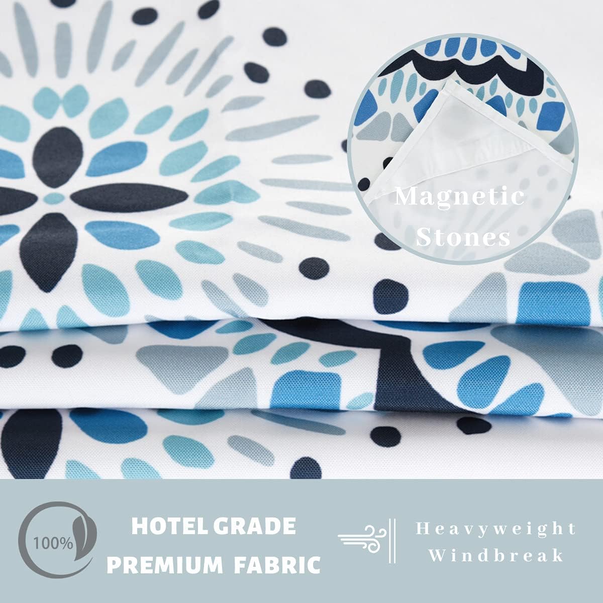 71" W x74 H Hotel Grade Fabric Hook Free Shower Curtain with Replacement Magnets Liner White&Blue Boho Style –100% Waterproof Machine Washable Top See Through Mesh Window Standard Size