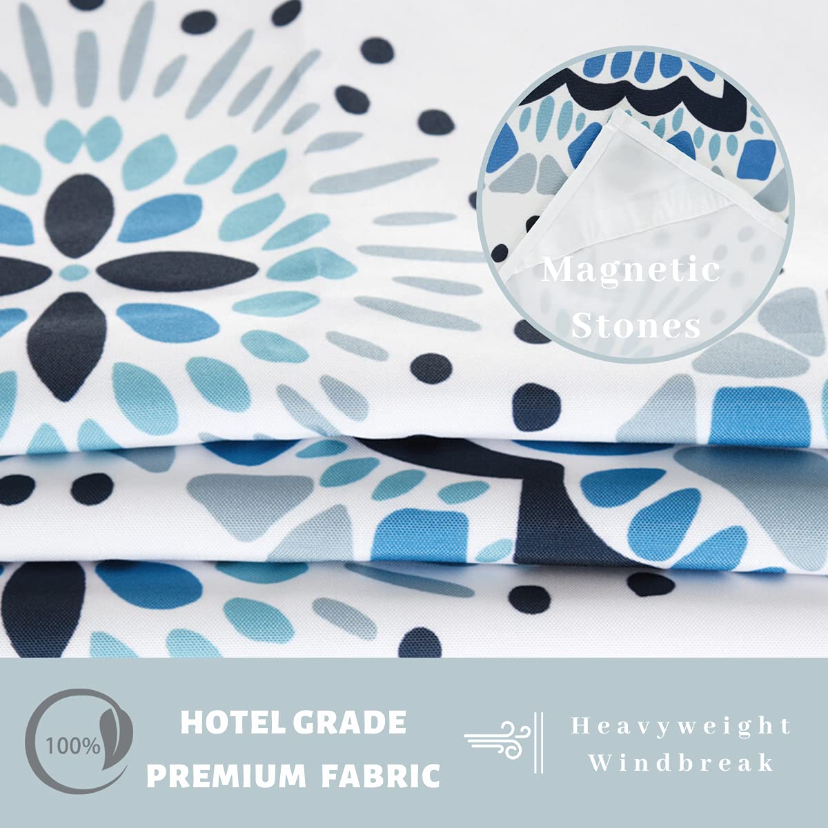 Cortina de ducha de tela de grado hotelero de 71 pulgadas de ancho x 74 pulgadas de alto, sin ganchos, con forro de imanes de repuesto, estilo bohemio blanco y azul, 100% impermeable, lavable