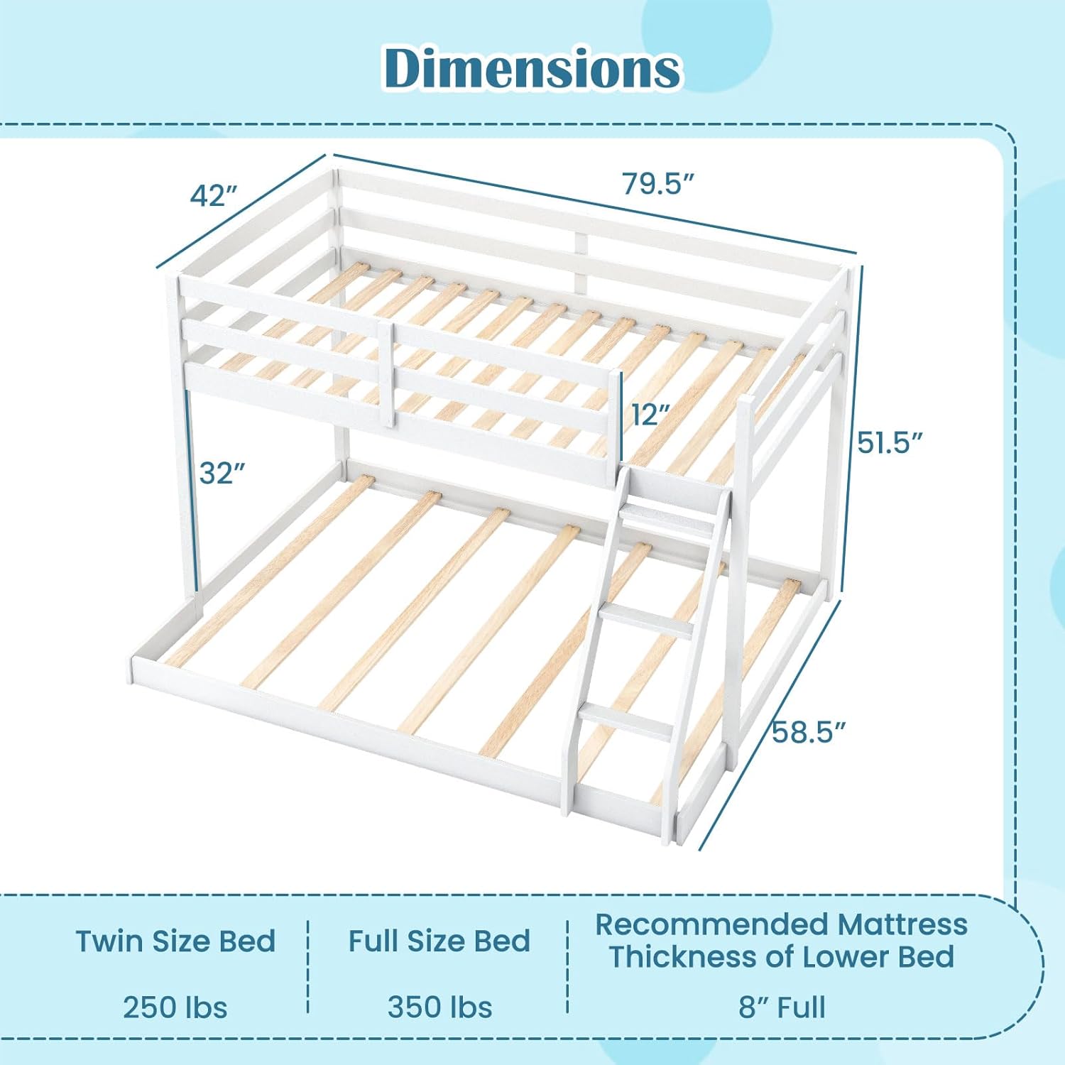 Dimensions diagram for Giantex Twin Over Full Bunk Bed, showing measurements for length, width, height, and mattress recommendations.