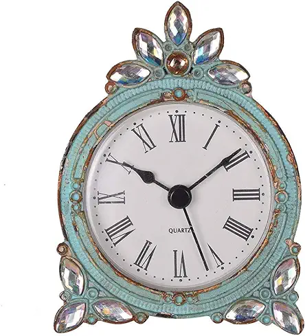 NIKKY HOME Pewter Quartz Mini Table Clock with Crystal Rhinestones, Aqua, 2.87 x 1.37 x 3.87 Inches
