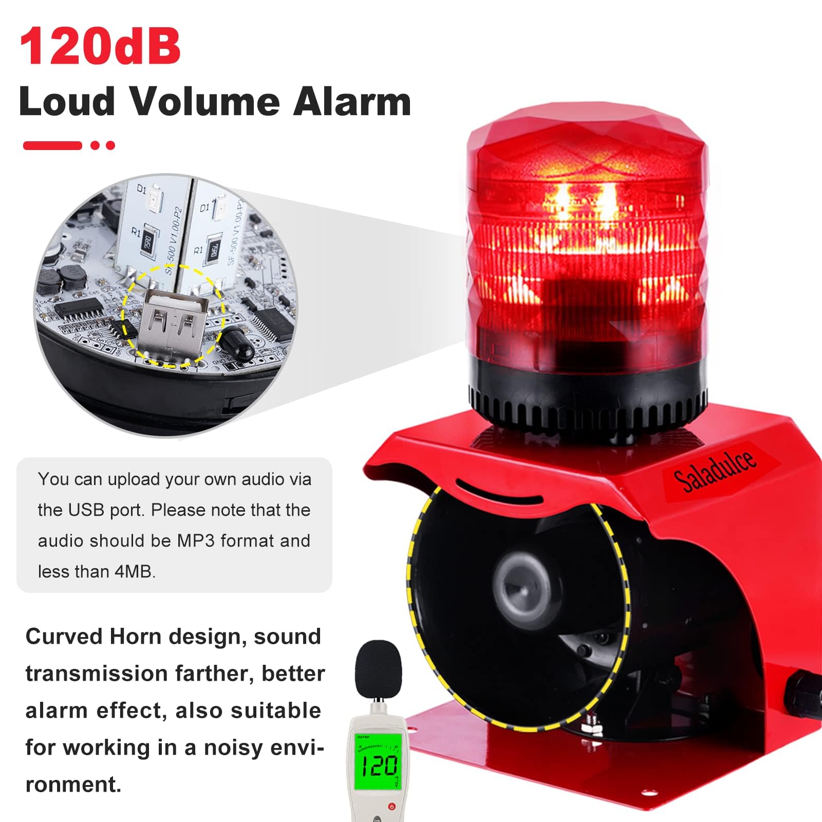 Alarma de Sirena Industrial de 120db, Volumen y Tono Ajustable IP65 Alarma de Sonido y luz al Aire Libre con Control Remoto DC12V-24V