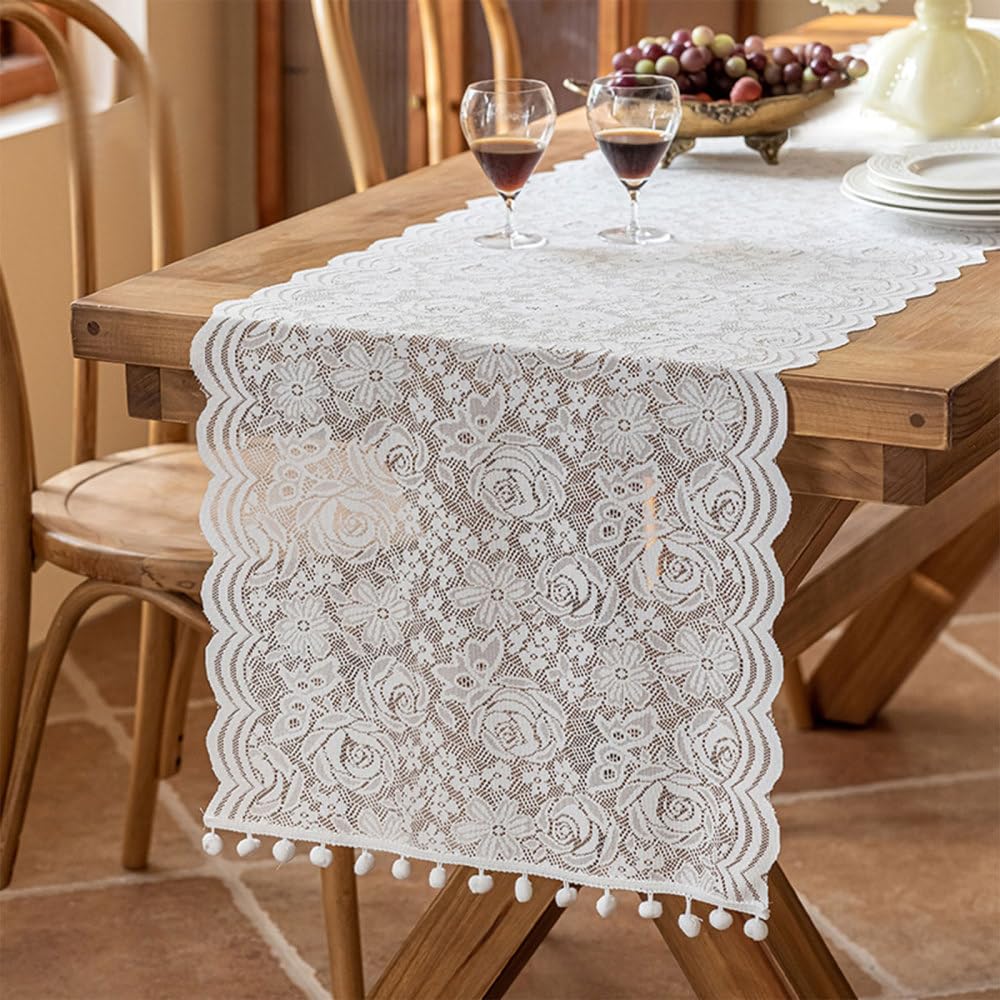 White Lace Table Runner,Floral Embroidered Dinner Table Cover for Wedding Party Decor Birthday Party Cake Decorations