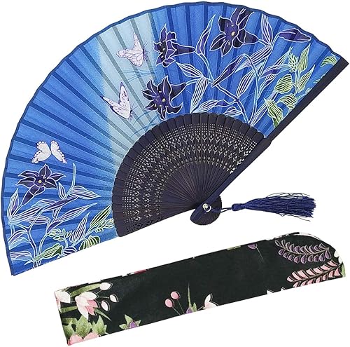Miniatura 1 de OMyTea Abanicos plegables de seda de mano con marco de bambú  con una funda de tela para protección para regalos  100% hecho a mano oriental