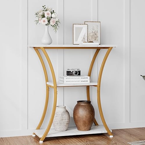 Mesa Consola Rústica de 3 Niveles con Estantes Abiertos Mesa de Entrada Estrecha con Marco de Metal Curvado Mesa de Sofá Delgada para Pasillo Sala
