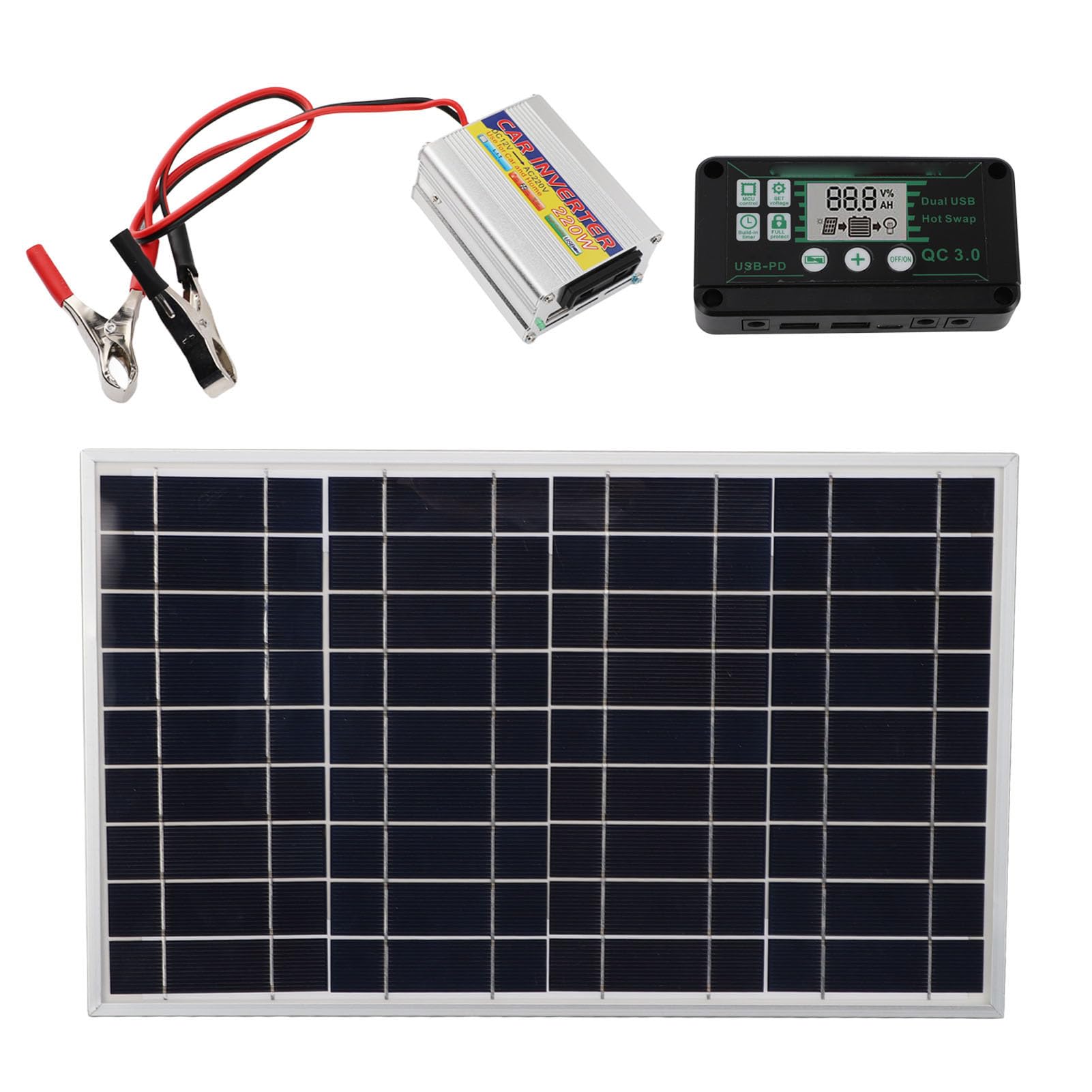 Cryfokt Zestaw Paneli Słonecznych 30W z Regulatorem MPPT, Przetwornica | Zestaw solarny Off Grid, ładowarka akumulatorów 12 V, regulowany uchwyt montażowy, przenośny zasilacz do samochodu