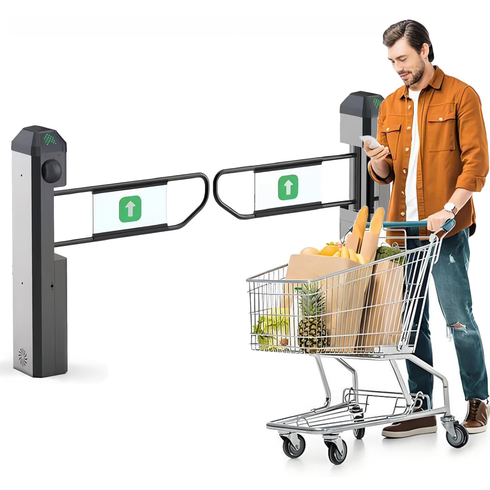 Barrera de control de acceso: puerta giratoria automática con detección de radar, puerta unidireccional eléctrica para minoristas y bibliotecas, velocidad ajustable, guía de voz, 2 m de ancho x 1,1 m