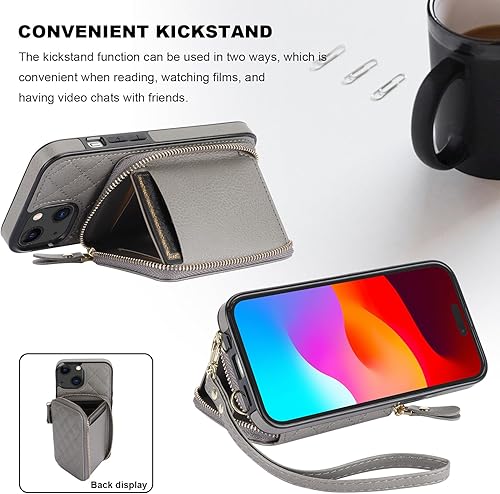 Miniatura 5 de Bocasal Funda tipo cartera cruzada para iPhone 13, con bloqueo RFID, de piel sintética, con cremallera, funda tipo cartera con función atril y