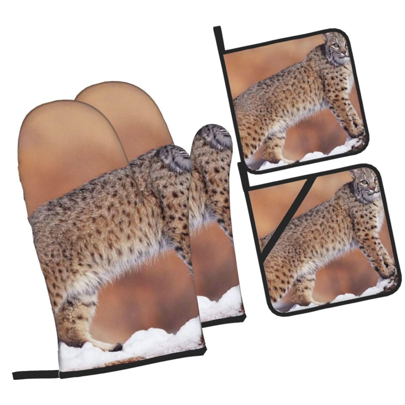 Canada Lynx Printed Oven Mitts and Pot Holders Heat Resistant Set of 4 Pcs, Modern Kitchen Gloves & Potholders for Cooking Baking Grilling