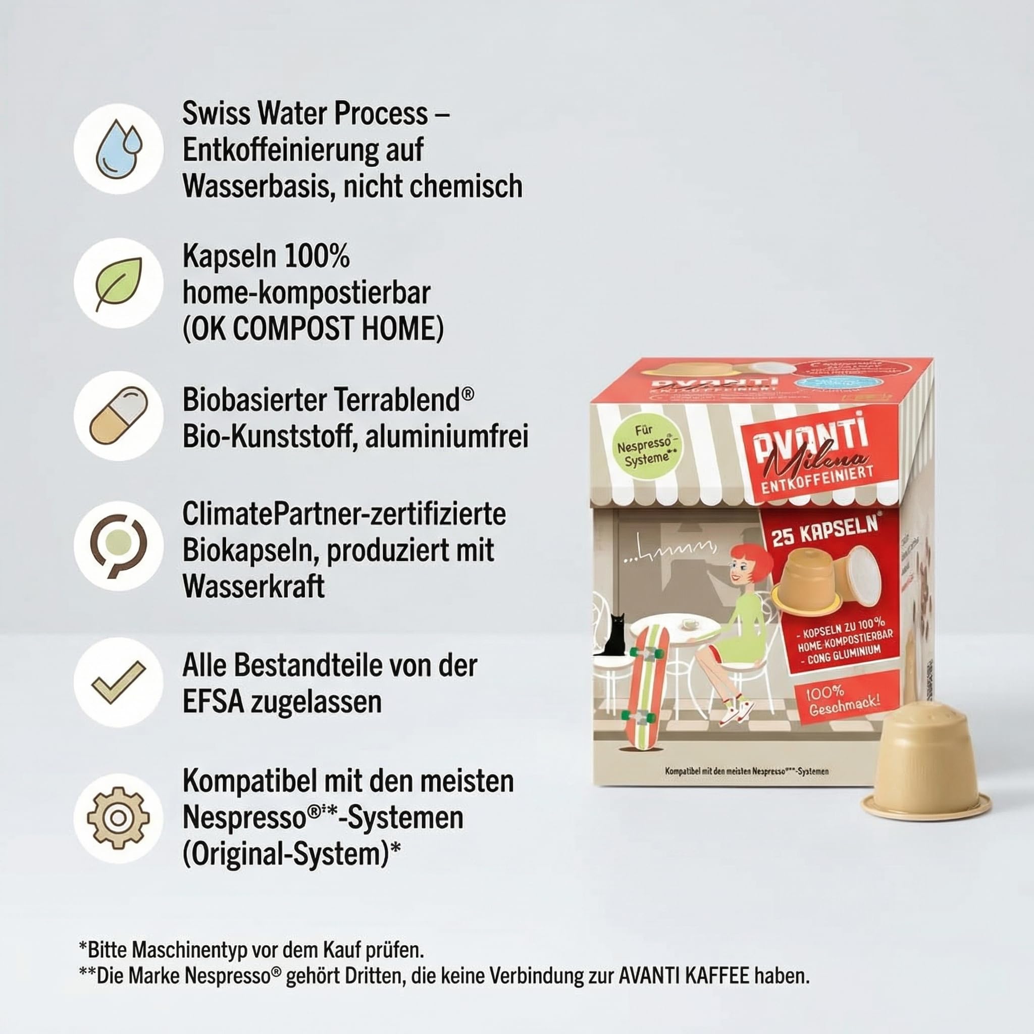 100 Stück AVANTI Entkoffeinierte Nespresso**-kompatible Kaffeekapseln – Espresso Milena, Swiss Water Process, 100% Arabica, 100% home-kompostierbar & ohne Aluminium, geröstet in der Schweiz
