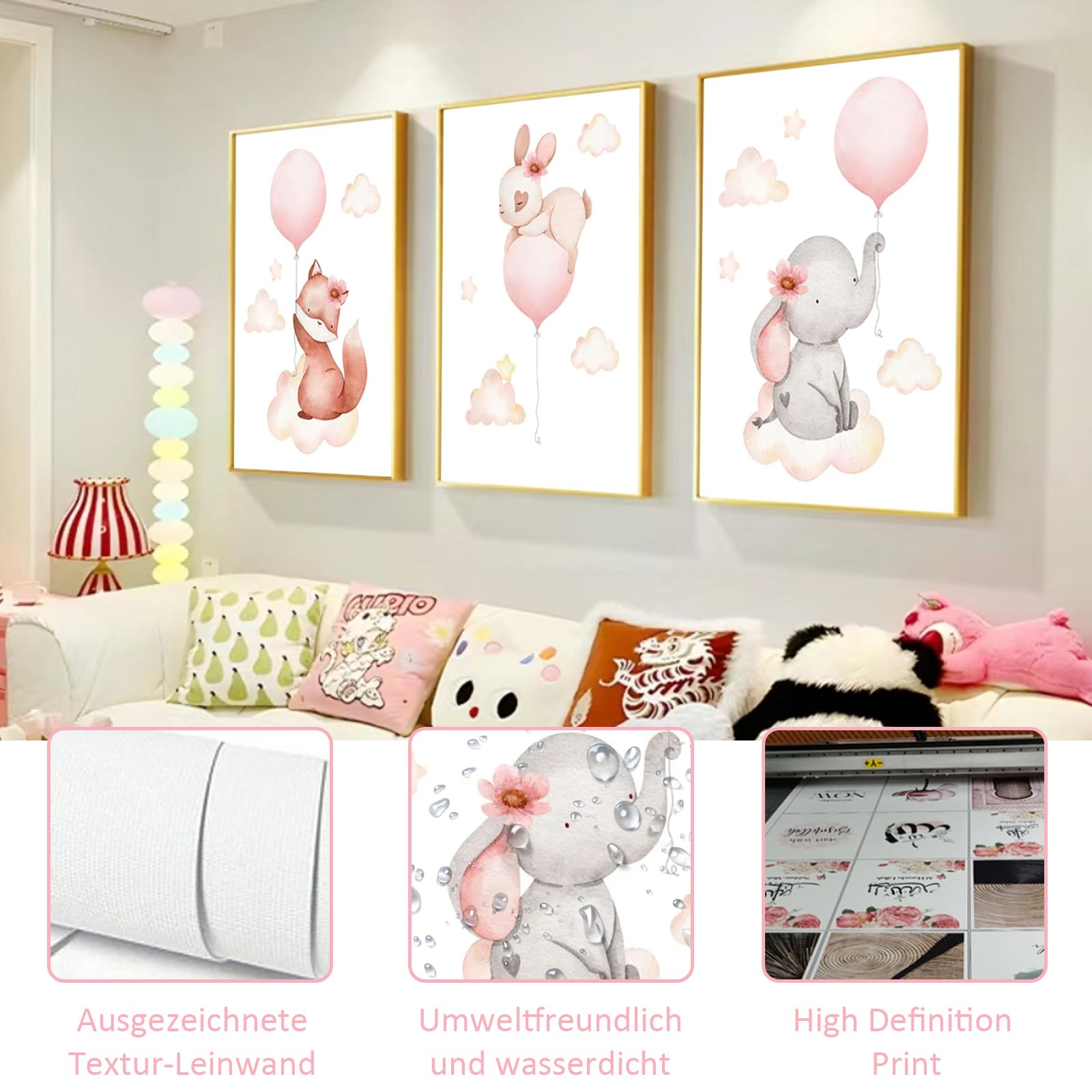 GZYYANG Set di 3 poster per cameretta dei bambini, formato A4, decorazione per la cameretta dei bambini, con animali, per la cameretta dei bambini, senza cornice