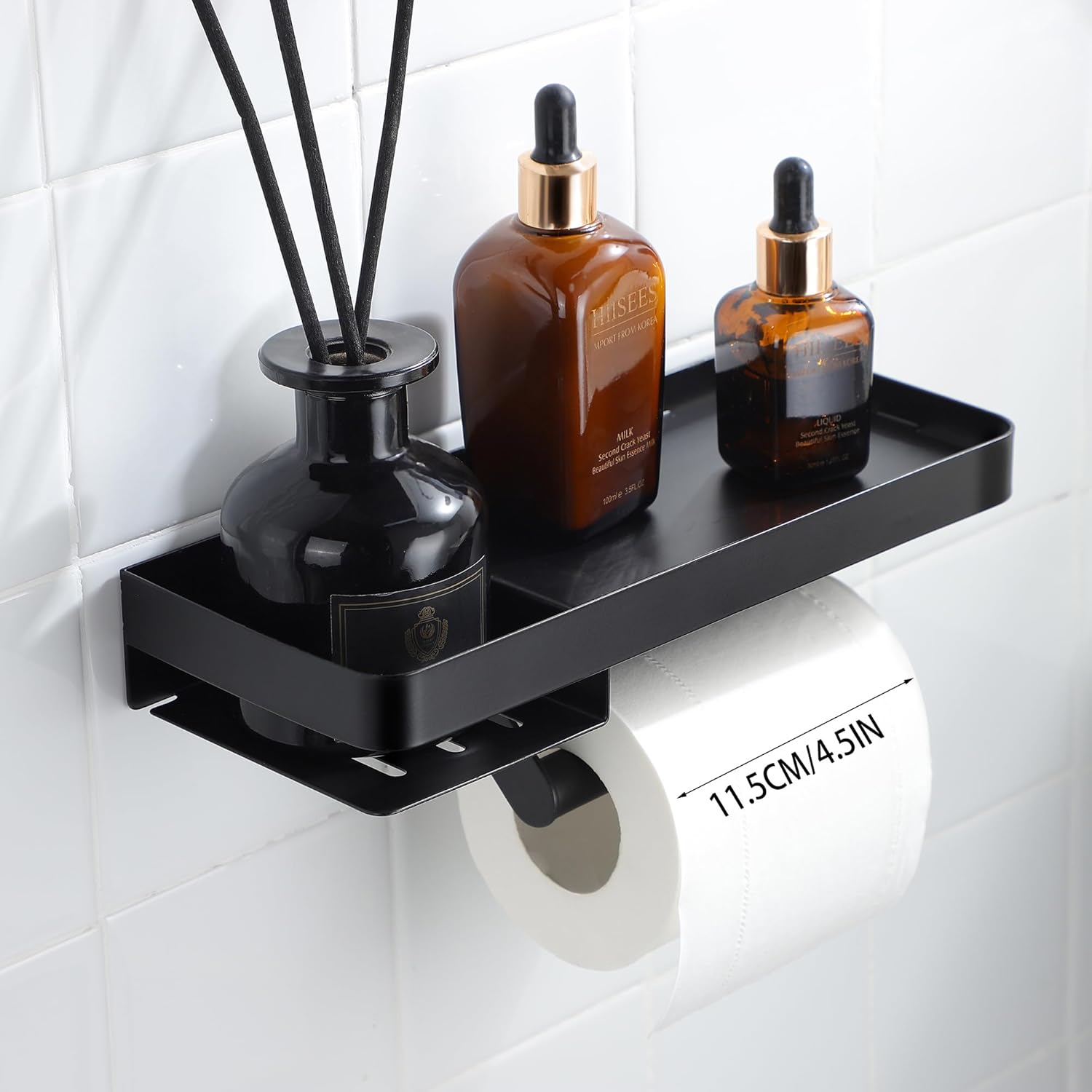 Toilet Paper Holder - Modern Luxury 304 Stainless Steel Rustproof Wall Mount Roll Holders, Matte Black for Master Bathroom/Small Space, Anti-Slip Shelf Holds Phone, Wipes & Small Items