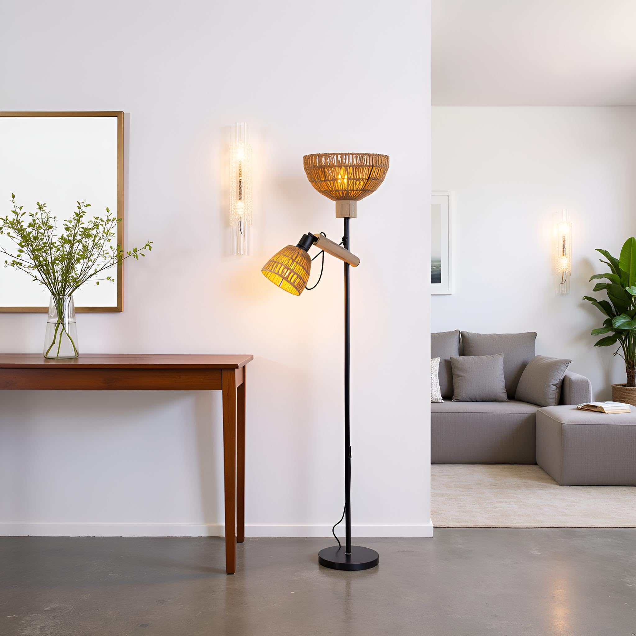 Stehlampe-2 schirm Wohnzimmer,Boho Rattan Stehlampen im Industrial Design mit Metall und Holz,Schalter,Höhe:163cm,Ohne Glühbirnen