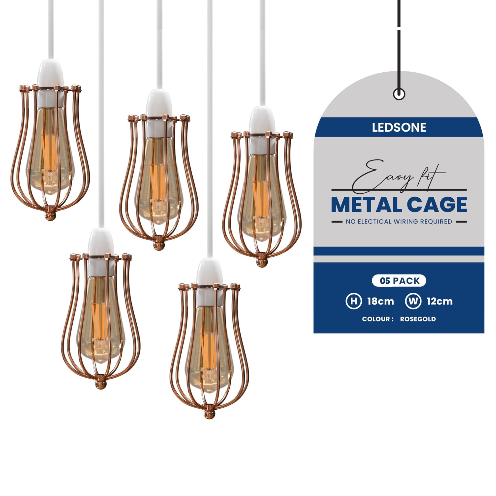 5 Pack of Retro Style Metal Basket Bird Cage Geometric Ceiling Pendant Light Shades, Open Wire Frame Vintage Bulb Guards for Kitchen, Living Room, Bar | Free Reducer Ring (Rose Gold)