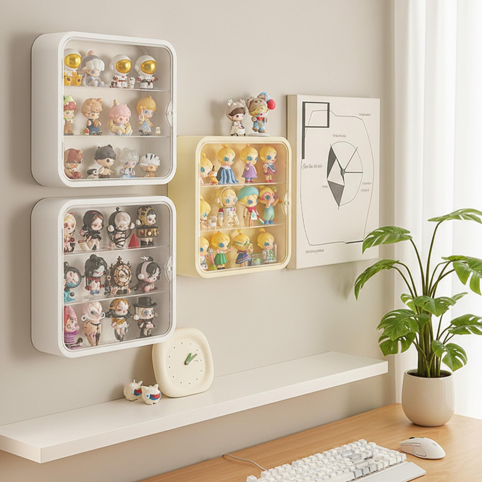 powerking Vitrina Transparente de 3 Niveles para Figuras, Caja de Almacenamiento de muñecas montada en la Pared, Soporte de exhibición Ajustable de acrílico con Puerta magnética para coleccionables