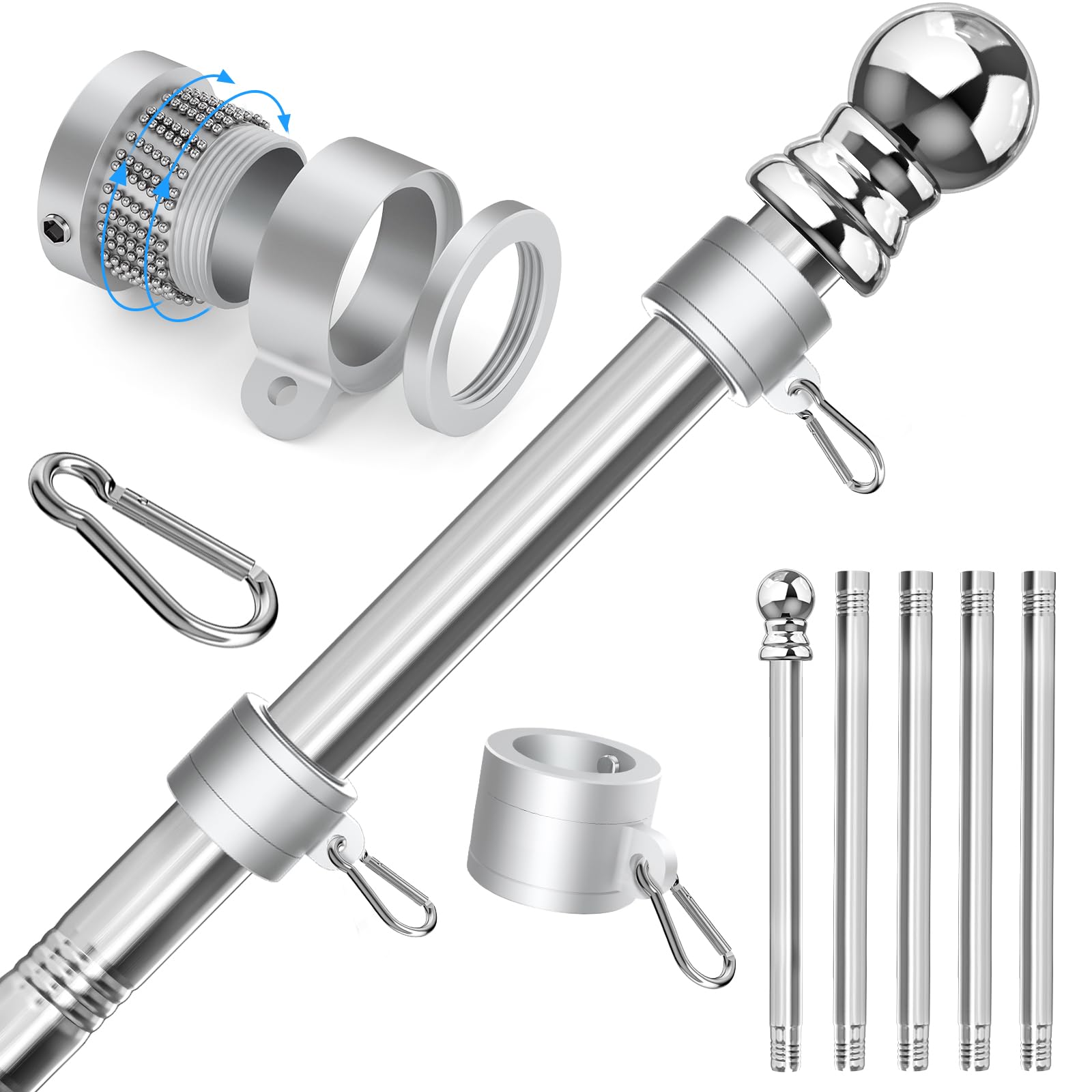 Sinyoeer 304 Stainless Steel Flag Poles,6 FT Flag Pole for Outside House, 1 Inch Outdoor Flag Pole with Swivels Rings, House Flag Pole for 3x5 Flag, Heavy Duty Flag Pole for Porch(Without Bracket)