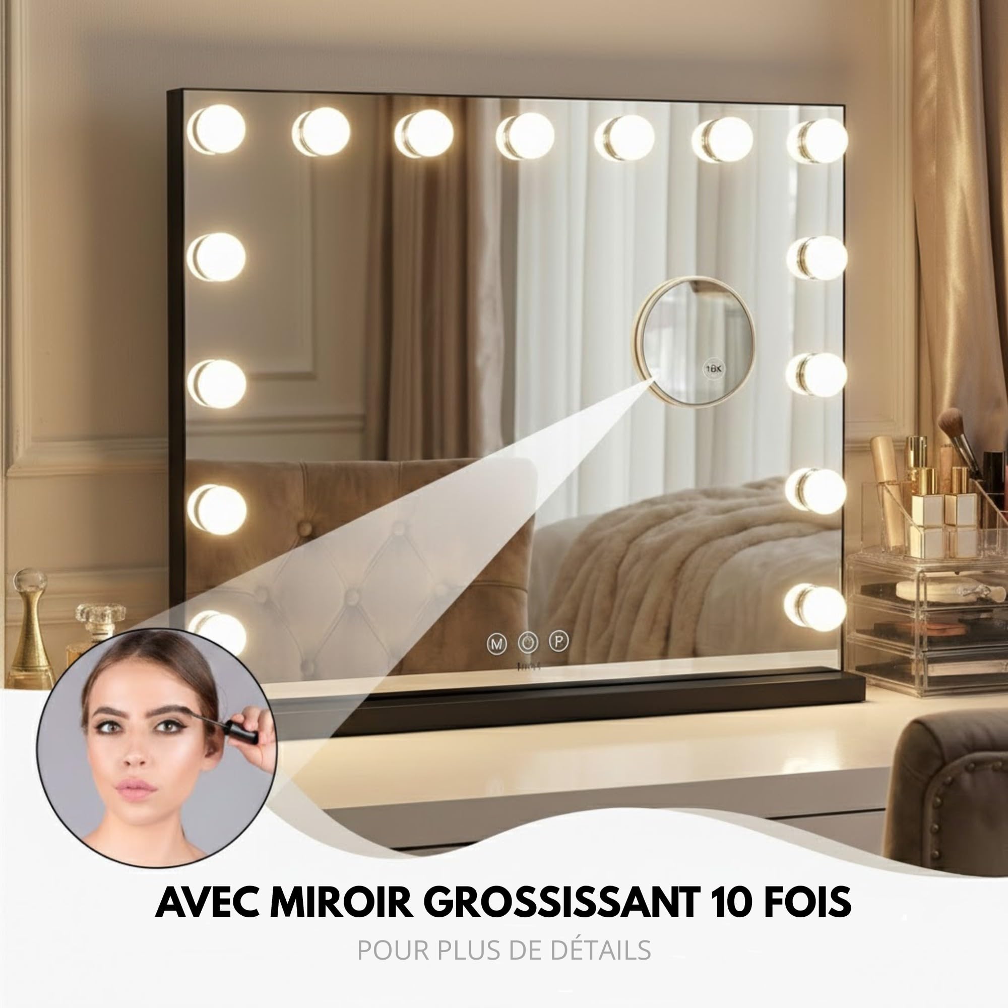 Bayt Miroir Maquillage Hollywood LED, 58 x 46 cm – Miroir Coiffeuse Lumineux avec 18 Ampoules Dimmables | 3 Couleurs de Lumière, Écran Tactile & Miroir Grossissant 10x, Noir