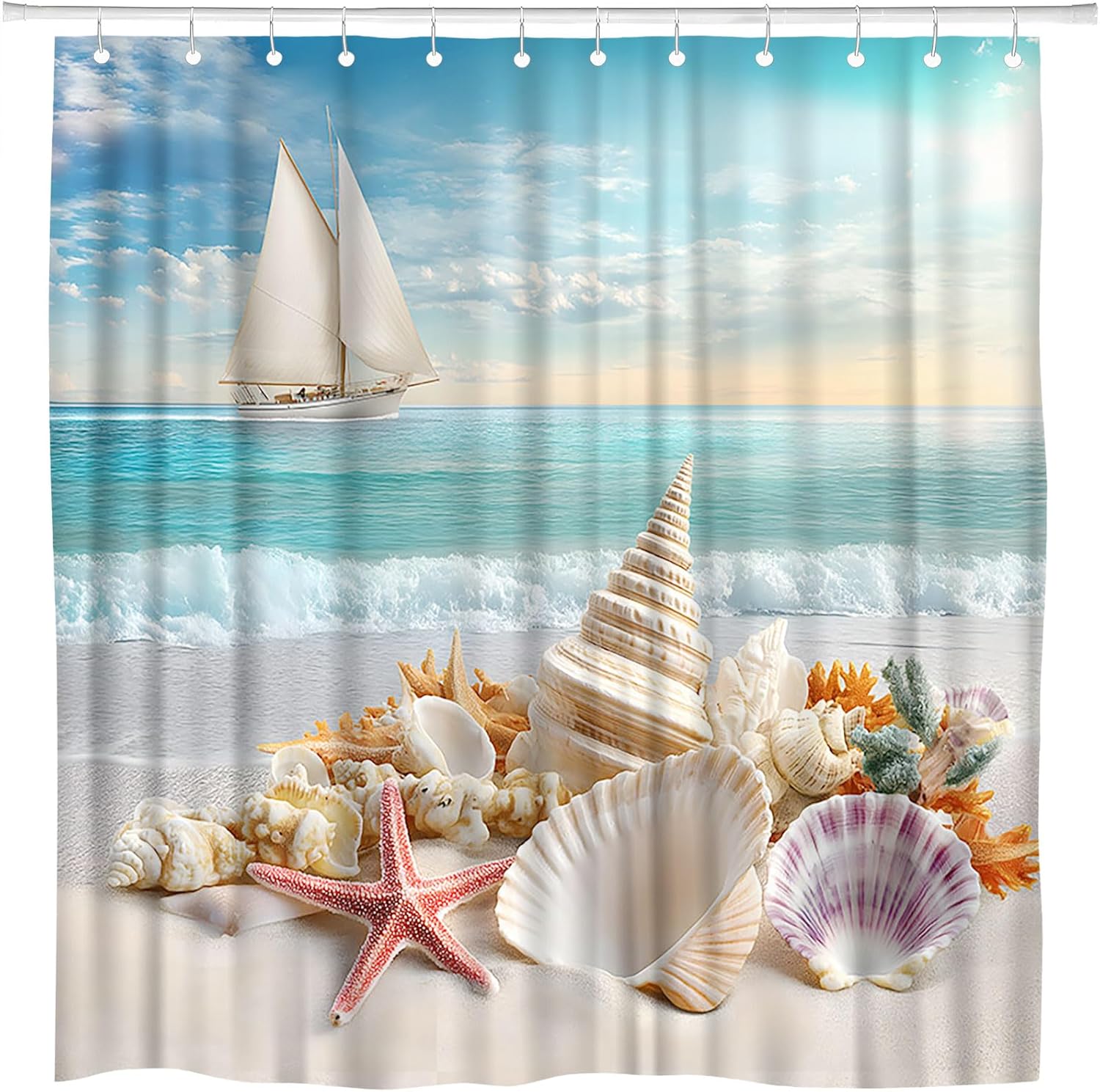Beach Shower Curtain Cute Seashell Starfish Beach Theme Sailboat Nautical Ocean Coastal Natural Landscape Bathroom Polyester Curtains Set with Hooks 70x84 Inch