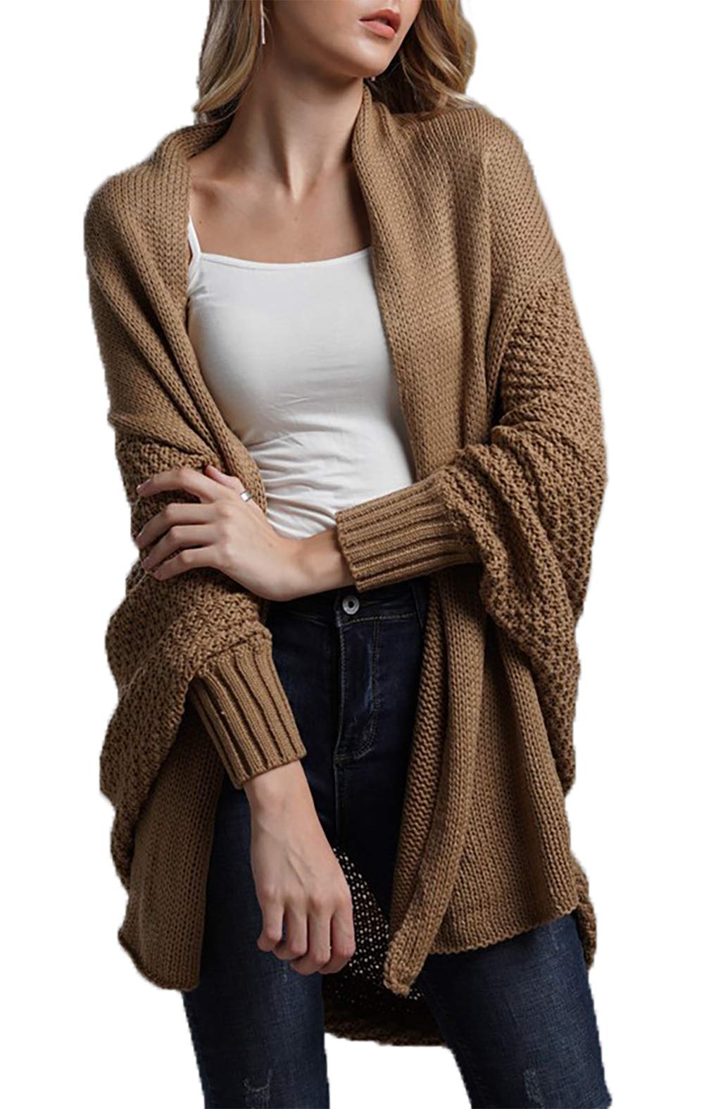 HZSONNE Women's Casual Long Batwing Sleeve Open Cardigan Chunky Crochet Slouchy Wrap Sweater Blouse Knitted Tops