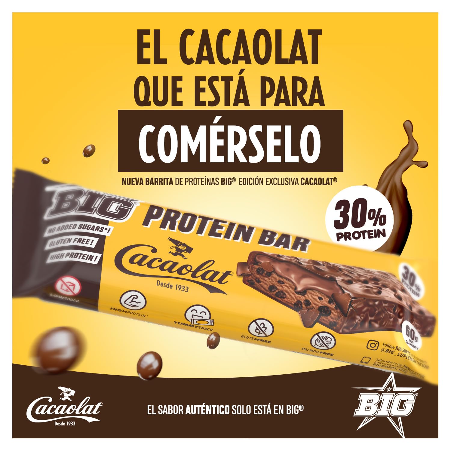 BIG - Barritas Proteina - Barritas Proteinas Sin Azucar - Snack Saludable Alto en Proteínas - + 24 gr por Barrita - Protein Bar con Sabores Exclusivos - Sin Gluten - (Caja (15 uds), Cacaolat)