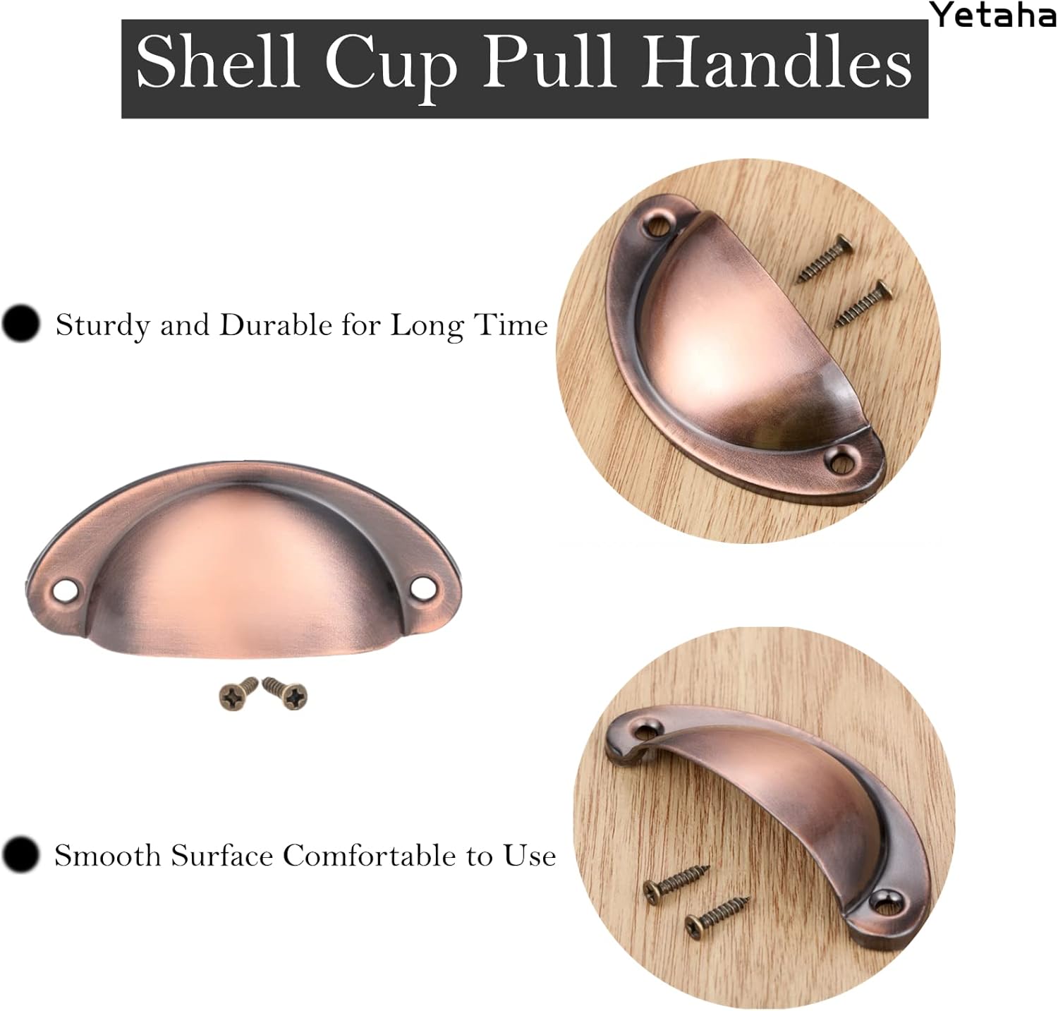 Yetaha 10 Packs Vintage Cup Pulls, 3.23" x 1.38" Cabinet Drawer Pull, Decorative Kitchen Handles, Brushed Red Copper Furniture Hardware Handle