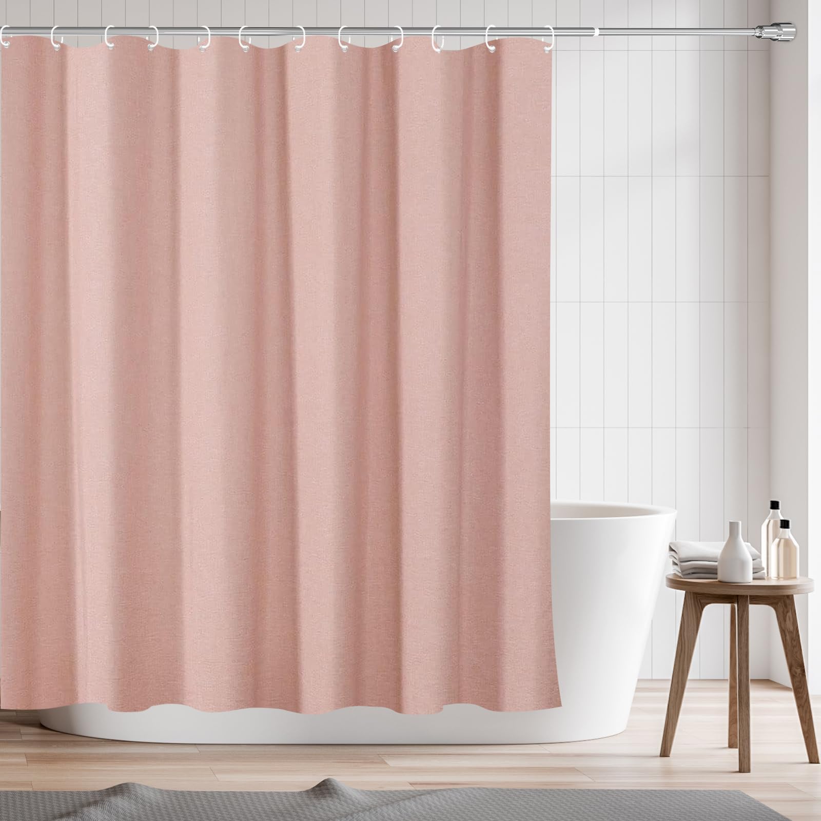 RAYNEAY Linen Fabric Shower Curtain Pink, 182x182cm Heavy Duty Fabric Linen Textured Shower Curtain with Weighted Hem for Bathroom