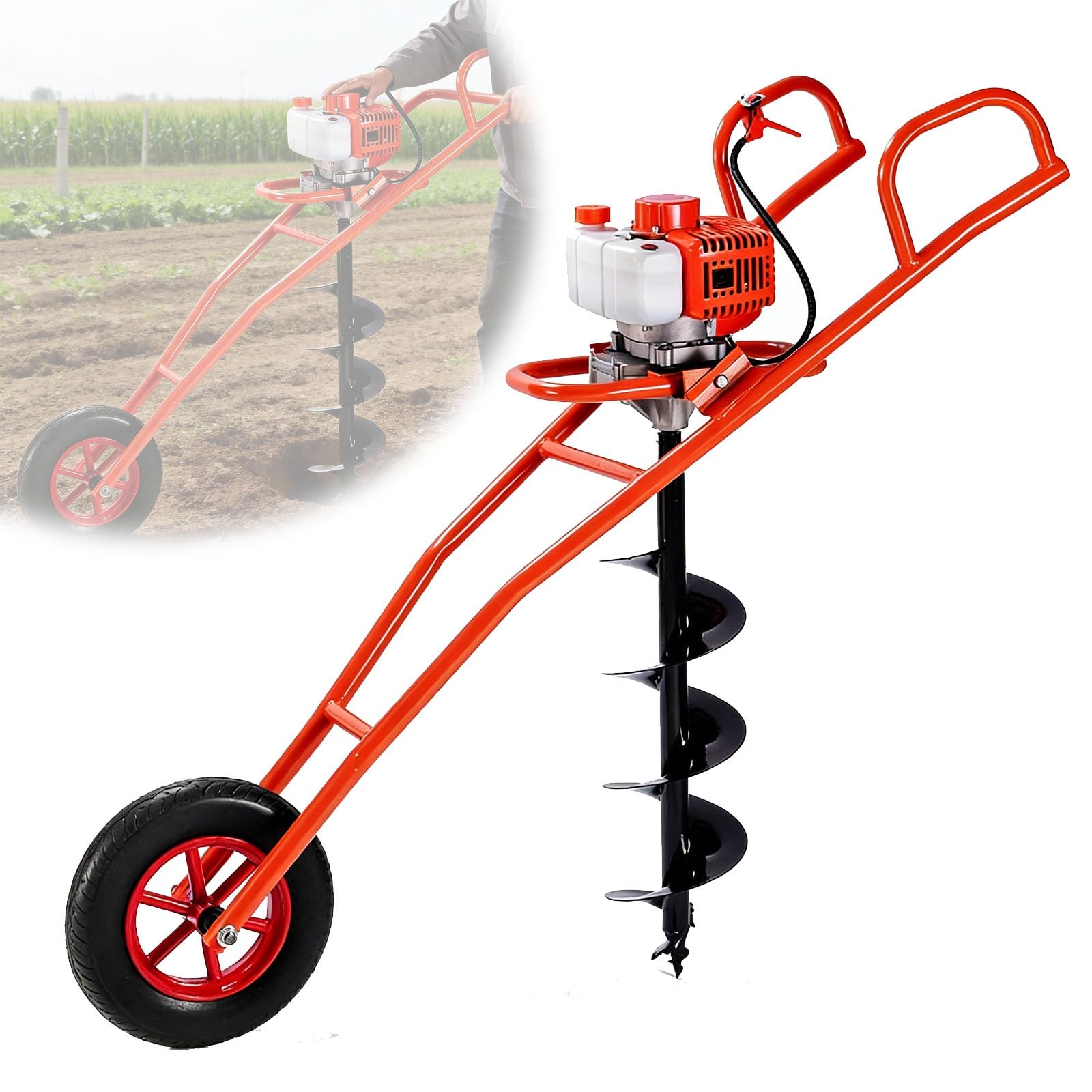 Ahoyador de tierra a gasolina de 63 cc y 2 tiempos con carro con ruedas (incluye broca de 4 pulgadas) — Apto para proyectos agrícolas, de jardinería y de construcción.