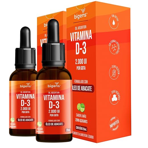 Vitamina D3 Liquida, 2000UI por gota, formlado com óleo de abacate, Sabor Limão, Unidade 20mL, Bigens (Kit 2)