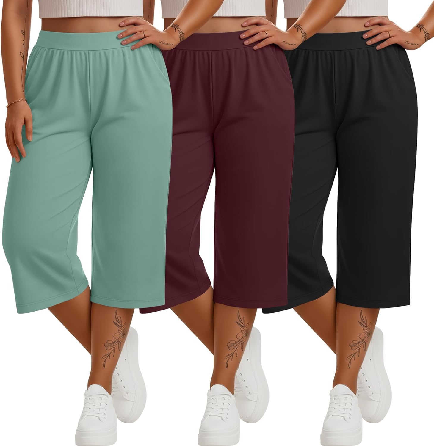 Huukeay 3 Pack Women's Plus Size Capri Pants Loose Fit Wide Leg Capris Sweatpants Summer High Waisted Yoga Pants with Pockets
