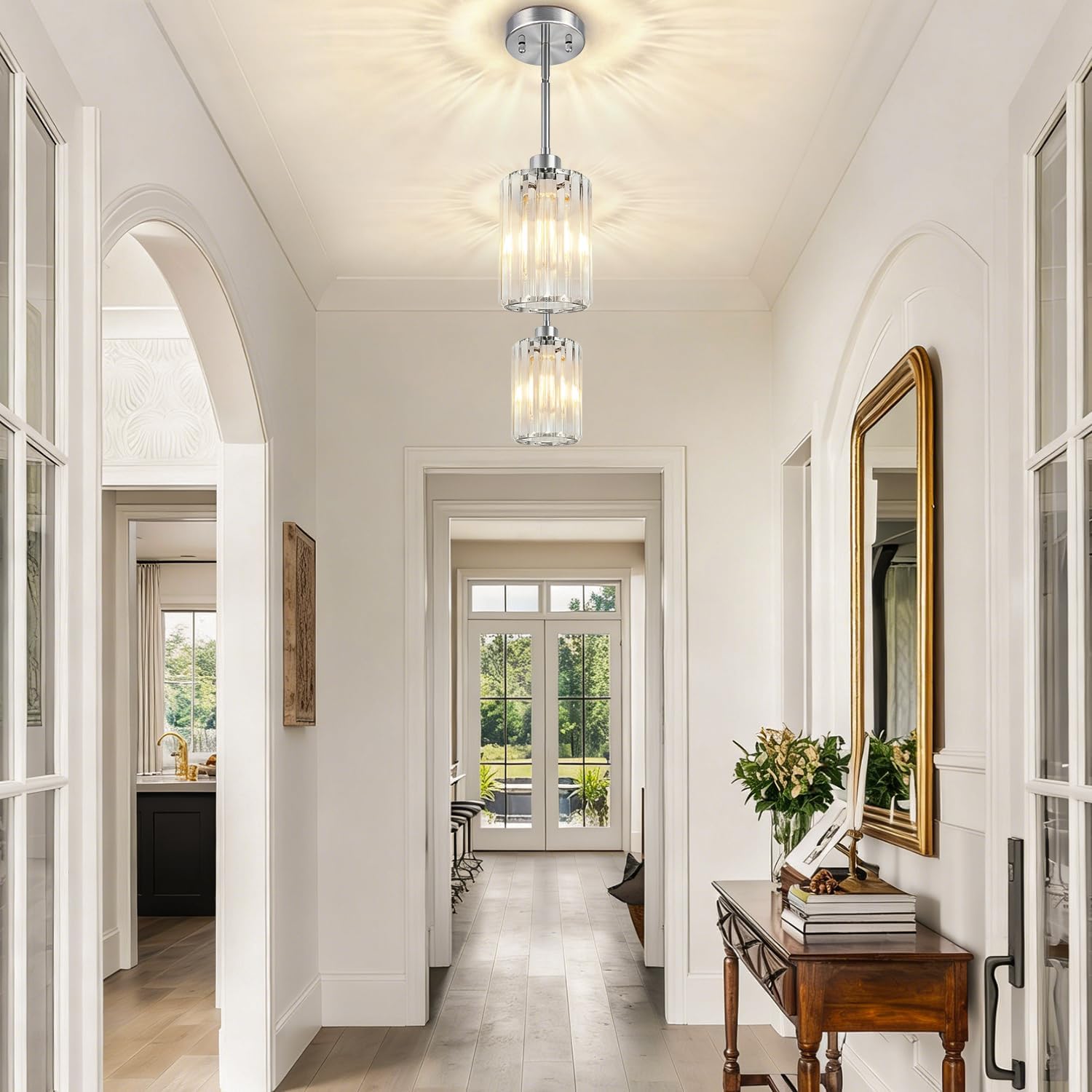 3 Pack Brushed Nickel Pendant Lights Kitchen Island, Modern Crystal Chandelier Kitchen Pendant Lighting Over Island, Adjustable Hanging Mini Light Fixtures for Dining Room Hallway Corridor Bedroom