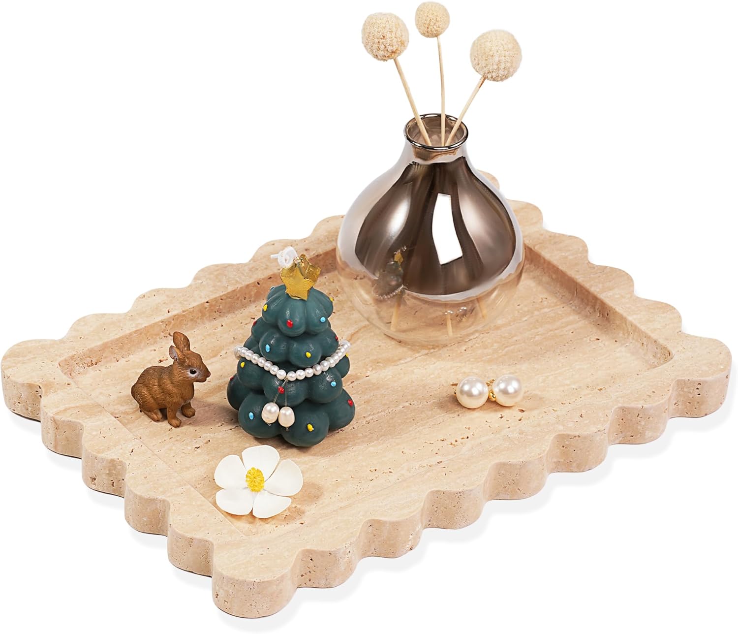 Scalloped Green Marble Tray - Large Home Decorative Stone Vanity Perfume Candle Plates for Bathroom Accessories Coffee Table, Key Dish for Kitchen Countertop Entryway (10.6" x 7.4" x 0.8")