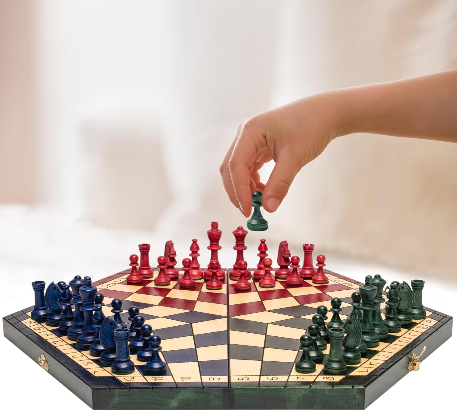 Husaria Wooden Three-Player Chess Set – 21" Foldable Hexagonal Board with Hand-Carved Tri-Color Pieces & Felt Storage – Made in Poland