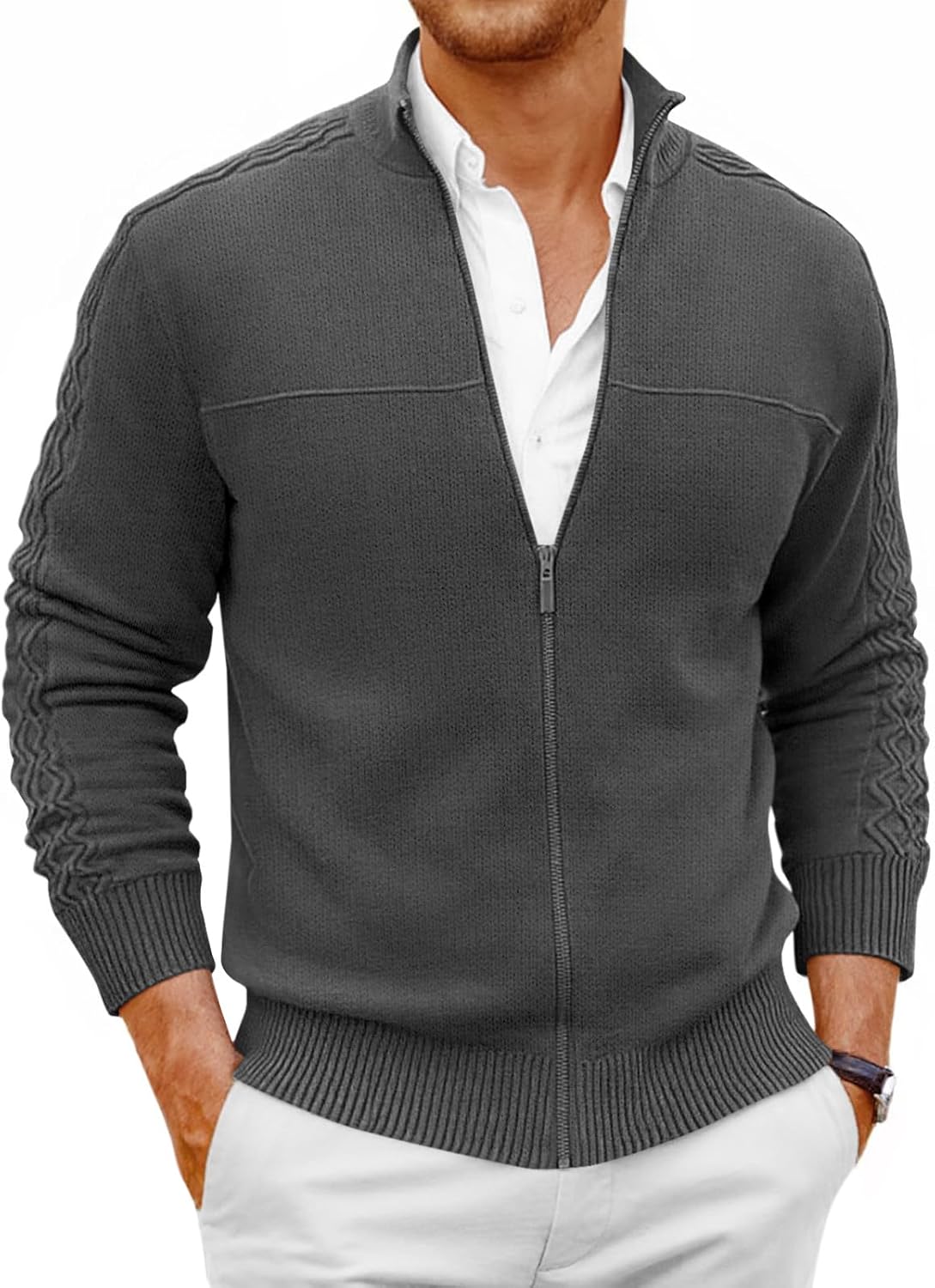 Runcati Mens Full Zip Cardigan Sweater Casual Mock Neck Cable Knitted Winter Chunky Sweaters