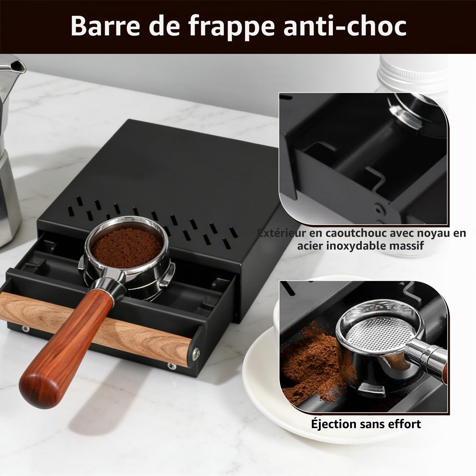Boîte à Marc de Café Tiroir, Knock Box pour Porte-Filtre, Tiroir à Café en Acier Inoxydable Noir avec Poignée en Bois, Bac à Marc avec Barre d’Impact Caoutchoutée et Ventilation, 31,5 x 21 x 7 cm