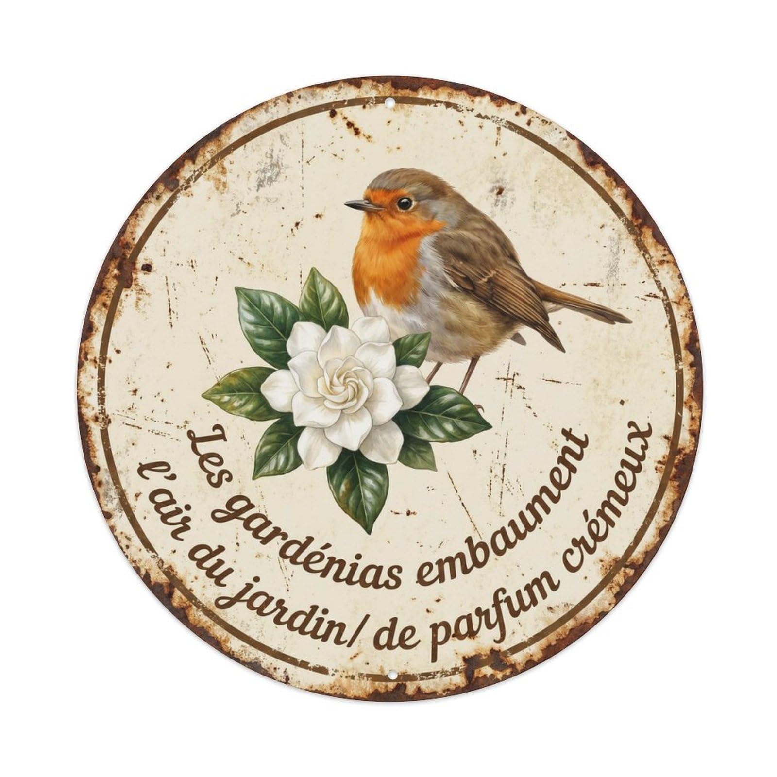 Robin Bird Garden Quote Gardenia RoundMetal Tin Sign