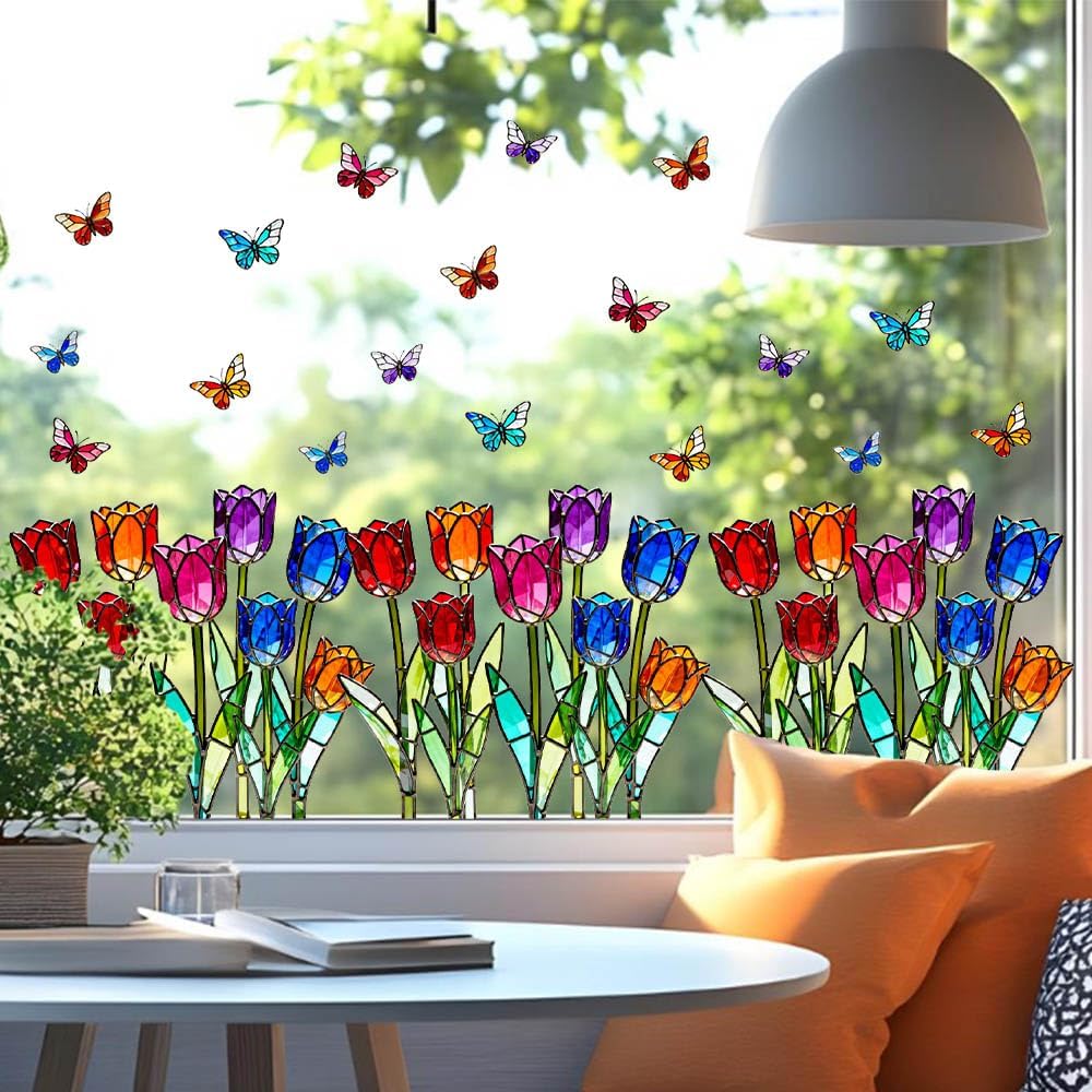 3 Sheets Stained Glass Tulip Window Stickers, Floral Electrostatic Clings for Glass Windows, Removable Reusable Home Deco