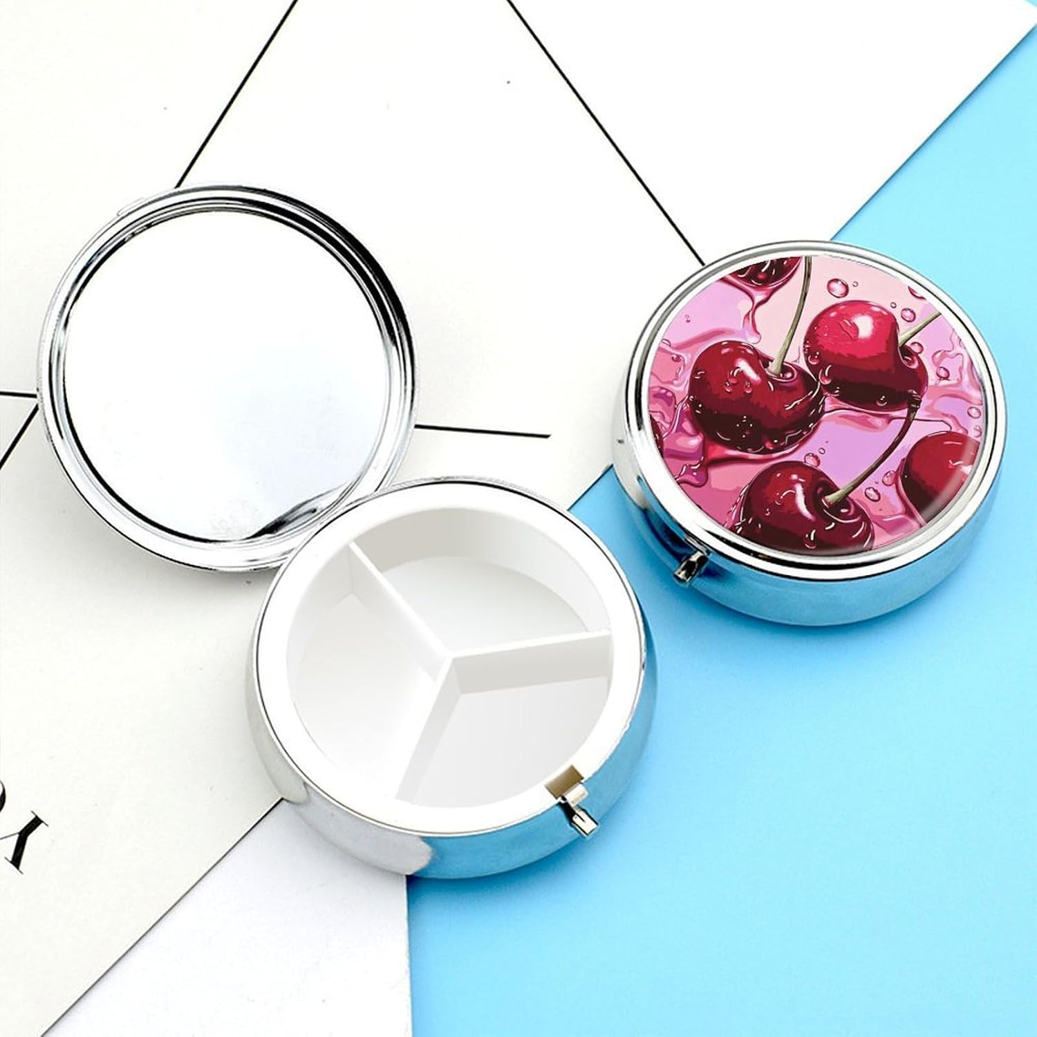 Red Cherry Round Pill Box with 3 Compartments & Mirror image 3
