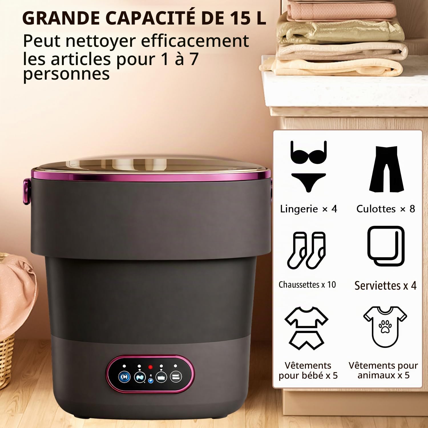 Mini Lave-Linge Pliable 15L – Machine à Laver Portable pour Voyage, Camping, Dortoir et Appartement – Idéal pour petits vêtements