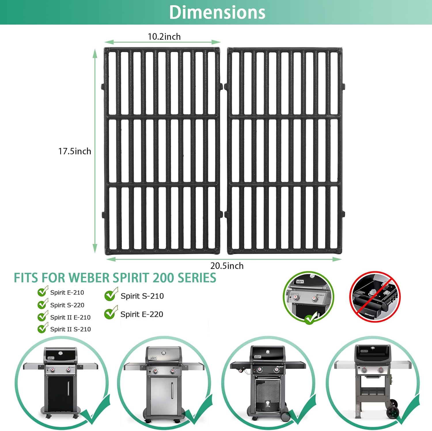 Spirit E-210 7637 Grill Cooking Grates for Weber Spirit e210, 17.5" Grill Grates for Weber Spirit & Spirit II 200 Series E-210 E-215 E-220 S-210 S-215 Spirit II E-210 II E-220 2 Burner 64815 67022