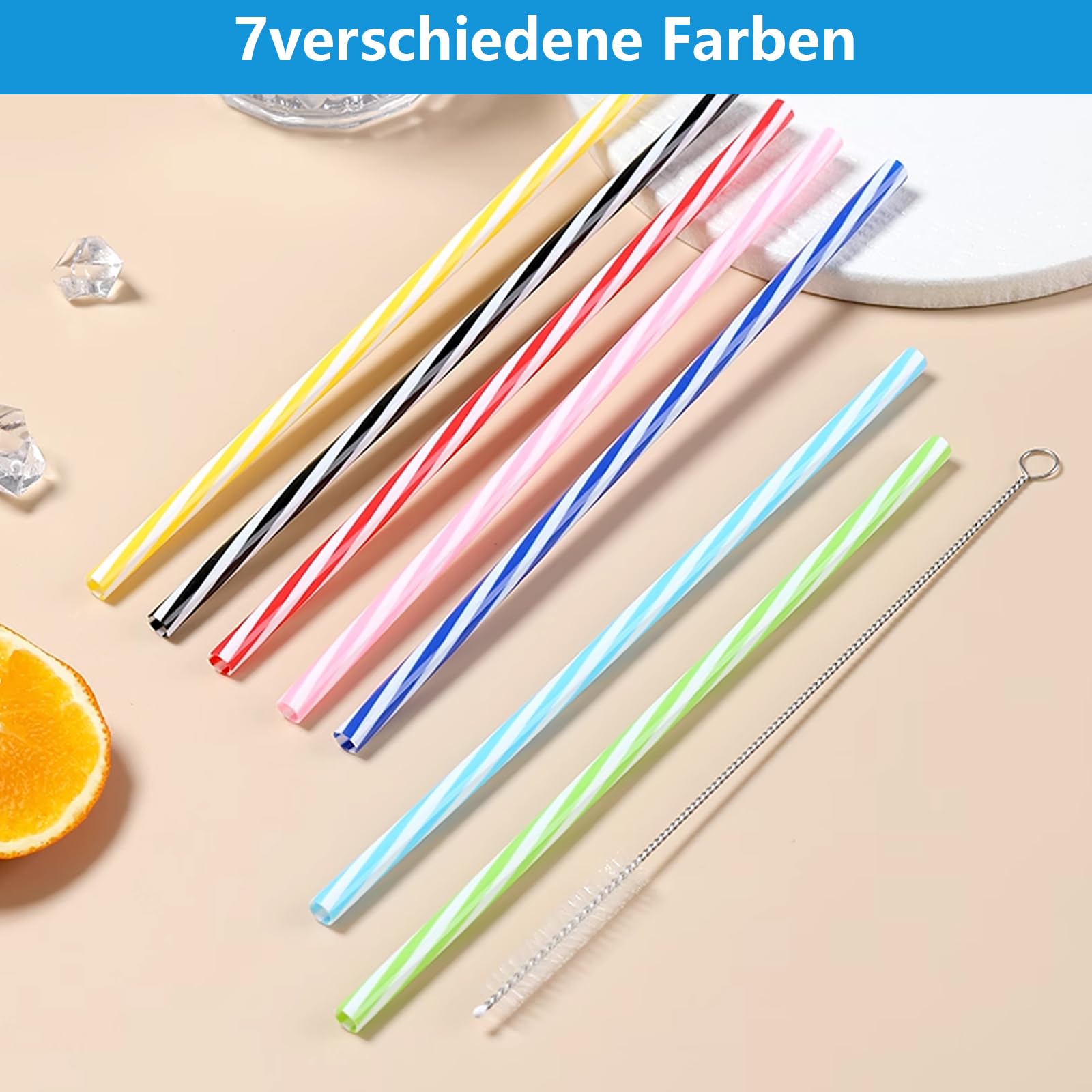 100 Wiederverwendbare Plastik-Strohhalme – Bunt Gestreift, Mit Bürsten
